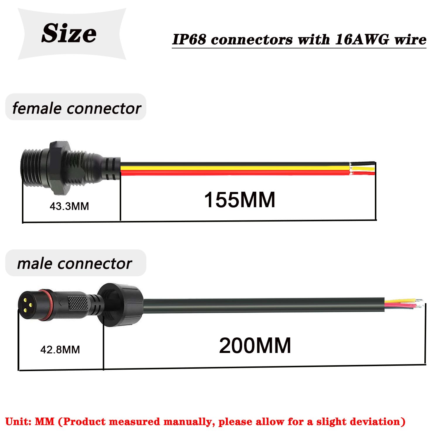 Newnewliu 3Pin Waterproof Connector,3 Wire Male Female Plug Led Connector With 16Awg M16 Waterproof Cover Extension Cable With T