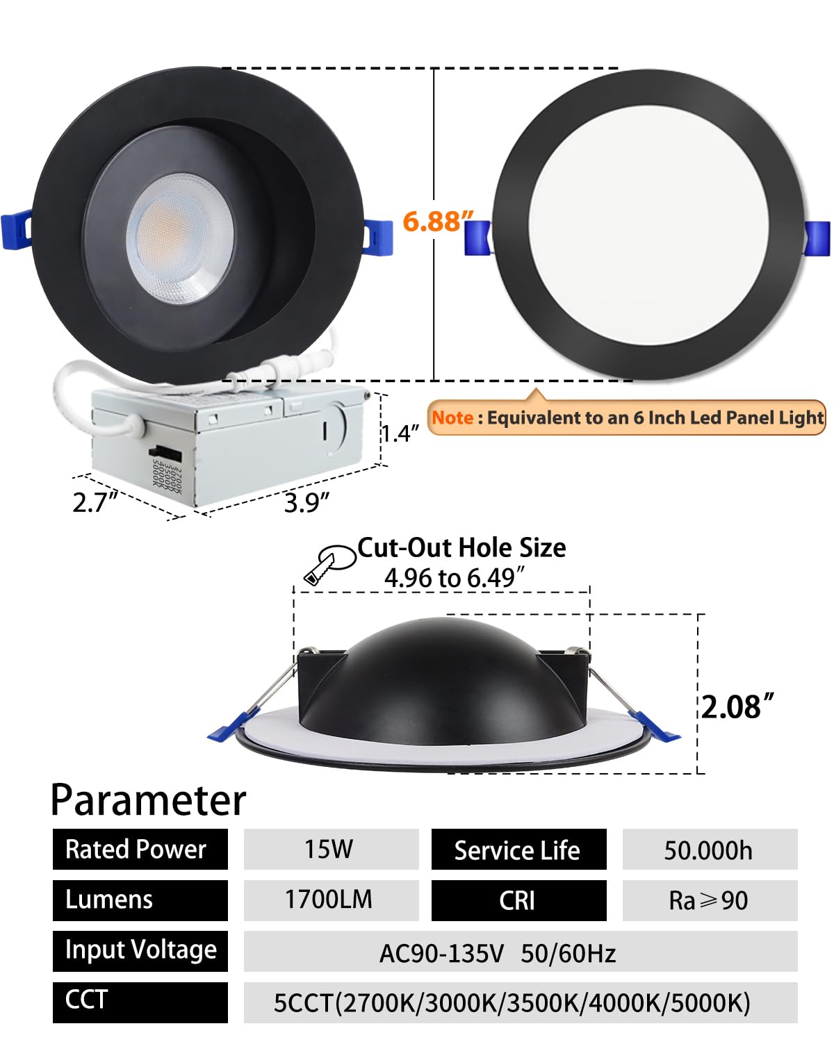 Adetu Led Recessed Lighting 6 Inch  360?90?Adjustable Directional Gimbal 6 Inch Led Recessed Light  2700K-5000K 5Cct Dimmable Retrofit Eyeball Can Recessed Lights With Jbox  Et (Black 6 Pack)
