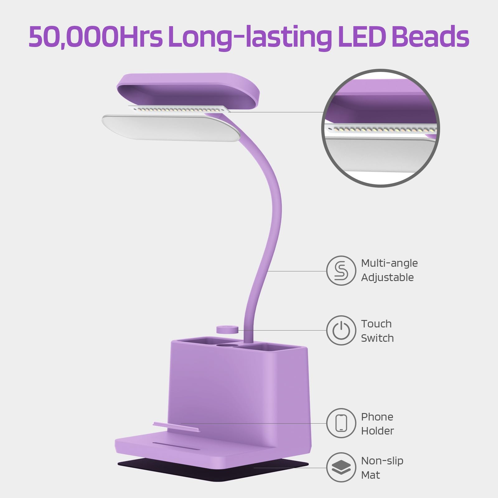Axx Cute Purple Desk Lamp, Rechargeable Study Table Light For Home Office, Small, Battery Operated, Led, Flexible Gooseneck, Min