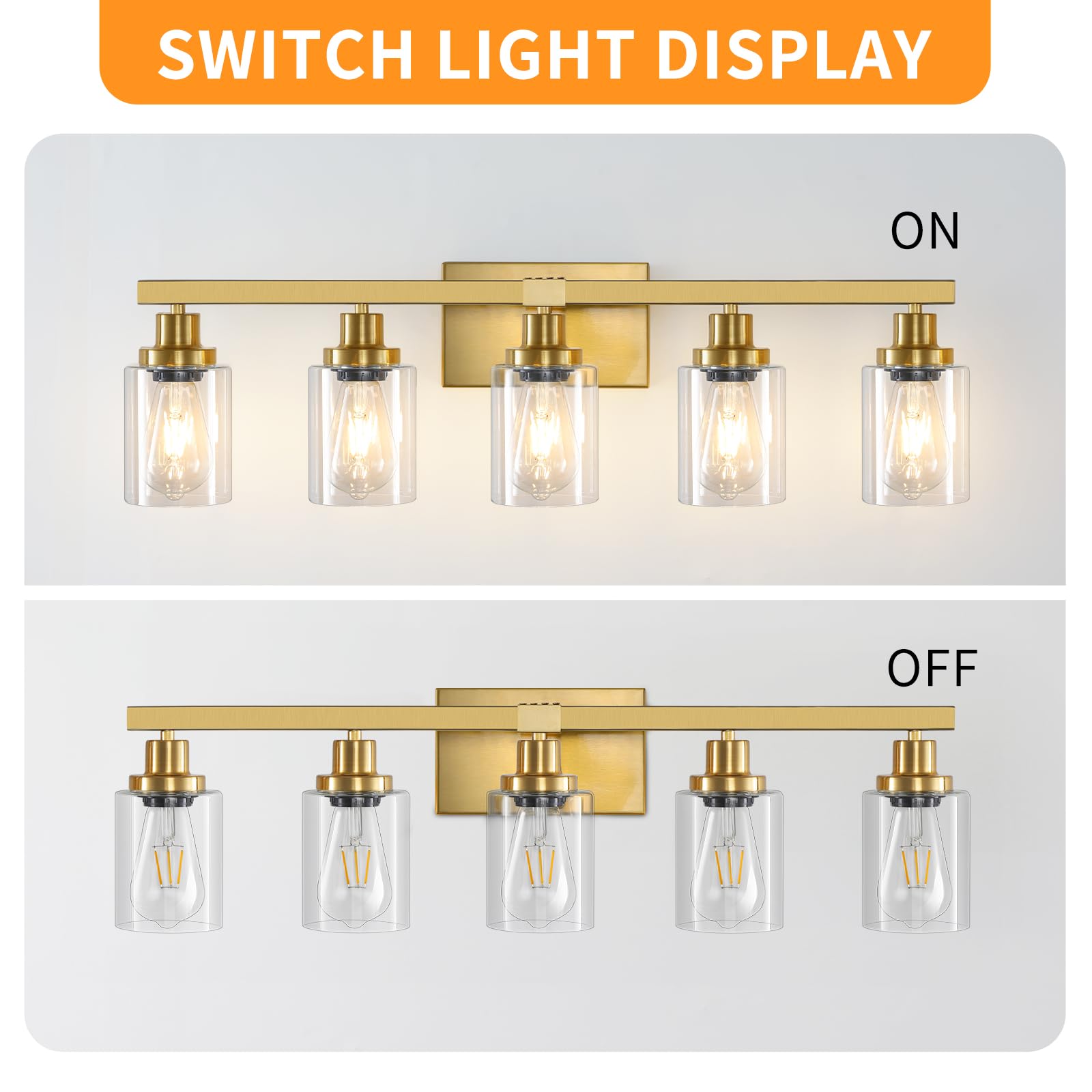 DIKAIDA 5-Light Bathroom Vanity Light, Modern Brushed Gold Metal Fixture, 31in, JS-5 Model