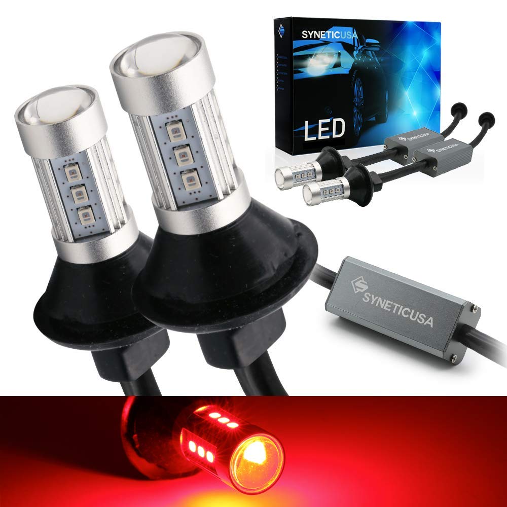 Syneticusa 7443 Red LED Brake Parking Tail Stop Turn Signal Light Bulbs, Aluminum, Error Free, Canbus Ready, Model LR-2835-15R-7443-V3