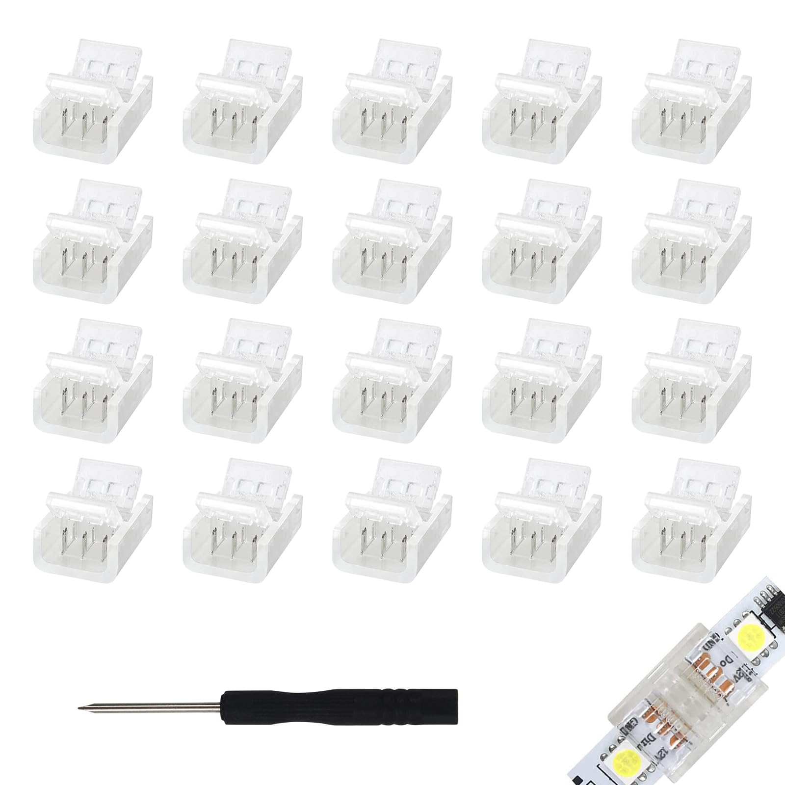20 pcs 3 Pin 8mm LED Light Band Connectors Solderless Clear Track Lighting Connectors for Waterproof and Non-Waterproof WS2811 WS2812B IC RGB LED Band Lights