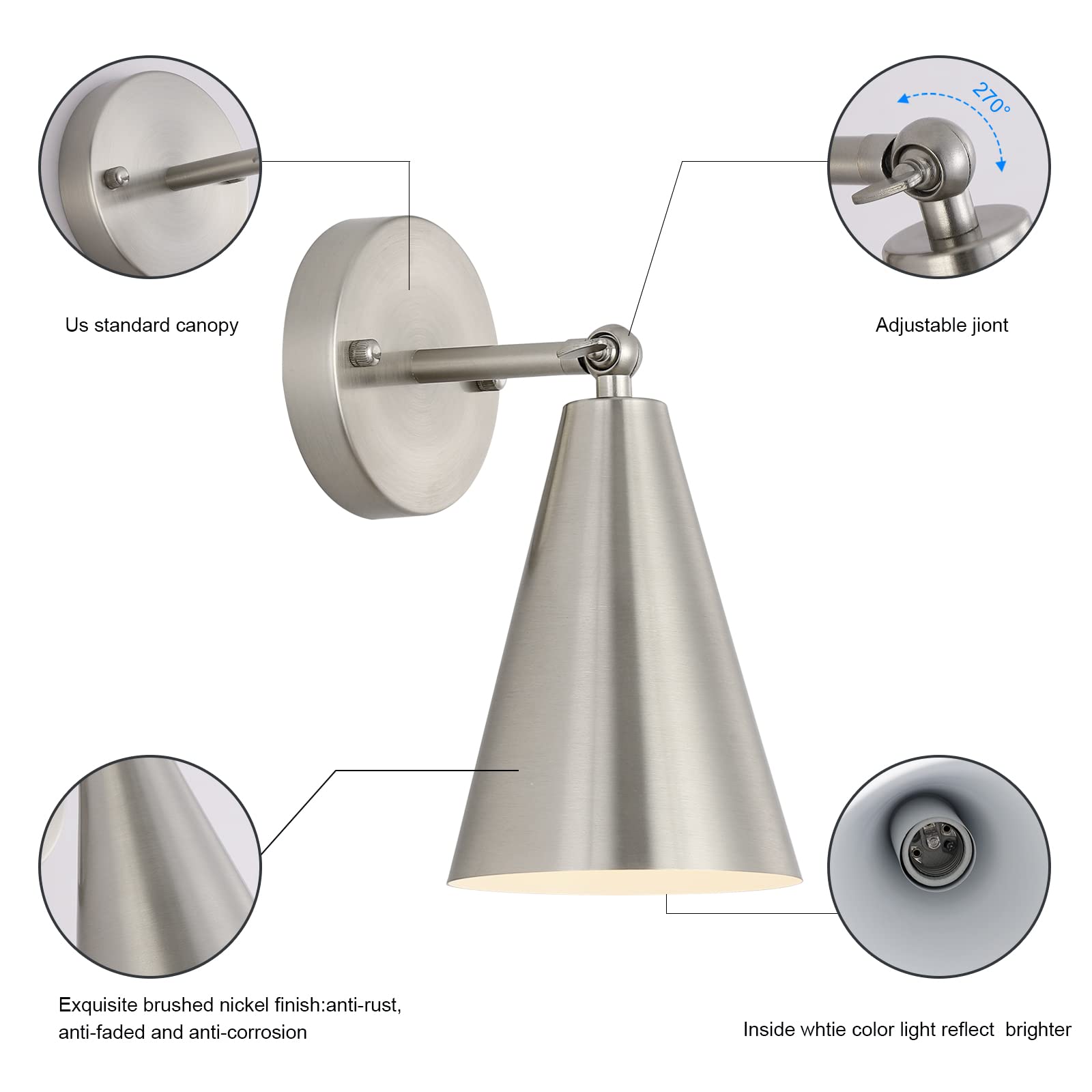 Mwz Brushed Nickel Wall Sconce Set Of Two, Modern Sconces Wall Lighting Fixtures With Silver Metal Shade, Indoor Wall Mount Swin