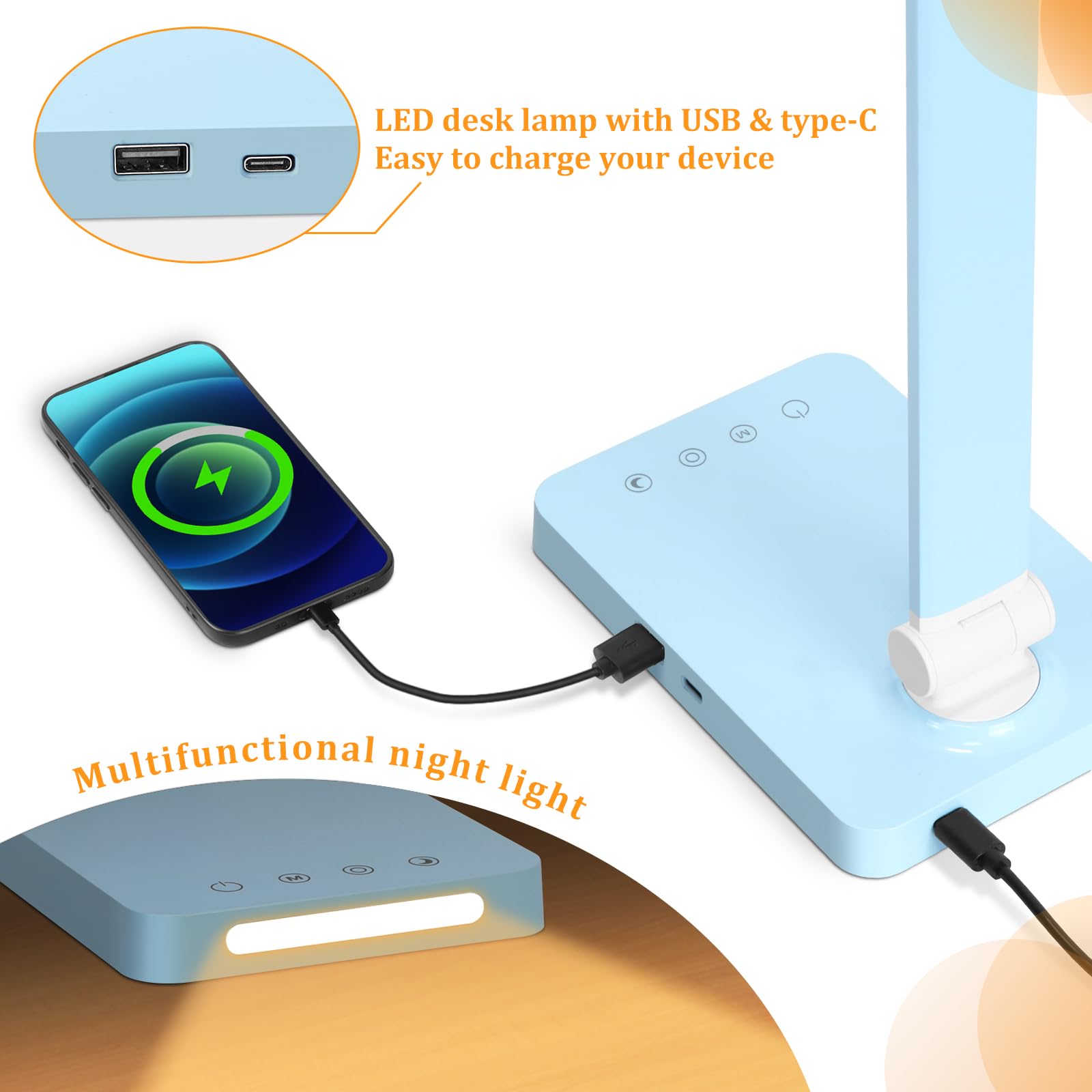 Led Desk Lamp With Usb Ports,Touch Desk Lamps For Home Office With 5 Color Modes,3 Brightness Desk Light With Small Night Light,Reading Lamp Table Lamp For Bedroom Bedside Study Blue (With Adapter)