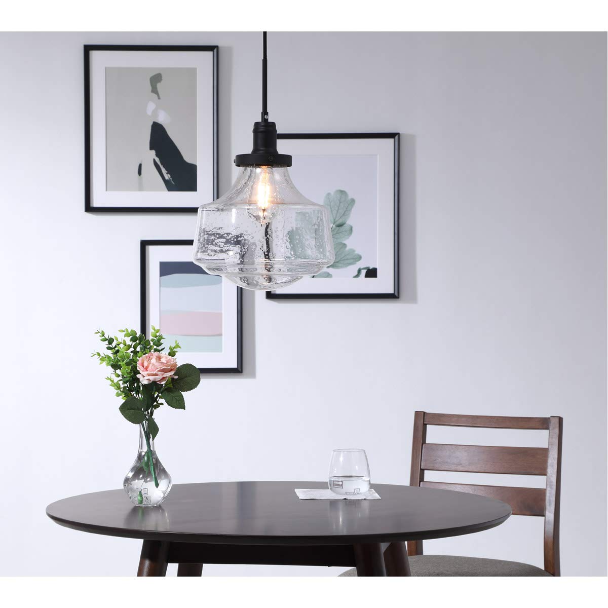 Elegant Lighting Living District Lyle 1-Light Metal Pendant in Black and Clear Seeded