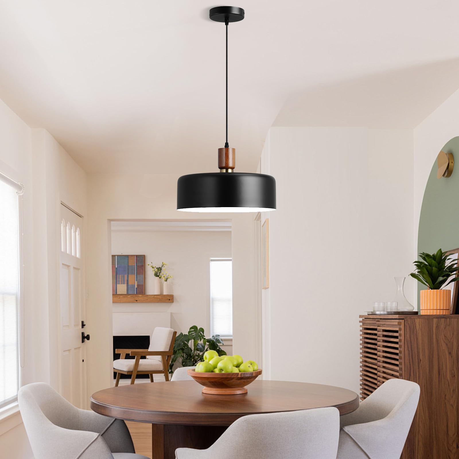 Eustace 13.8 Inch Large Pendant Light, Adjustable Metal Chandelier With Solid Wood And Brass Accent, Modern Hanging Light Fixtur