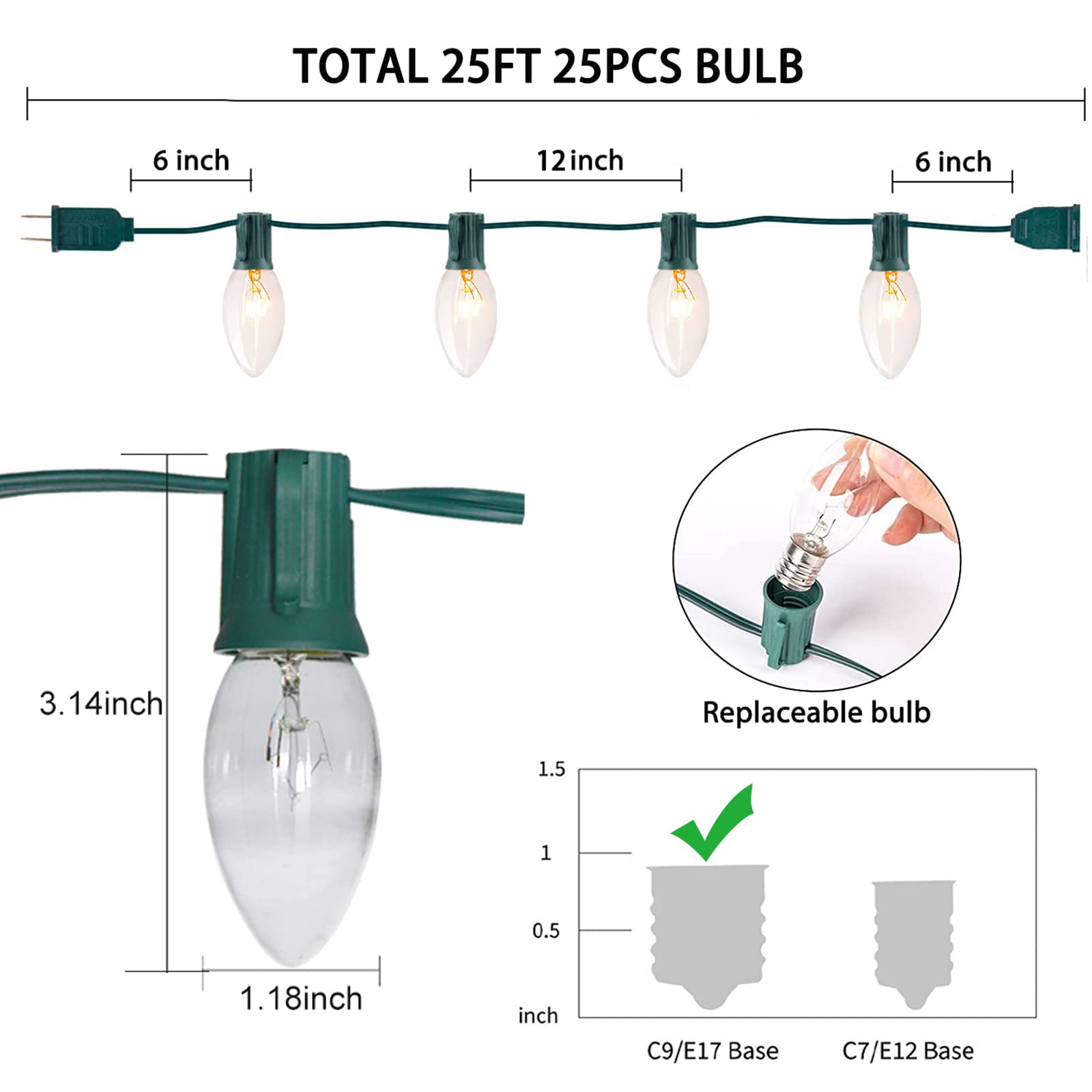 C9 Clear Christmas Lights 25Ft Outdoor Christmas String Light With 26 Clear Light Bulbs, Traditional String Light Hanging Roofli