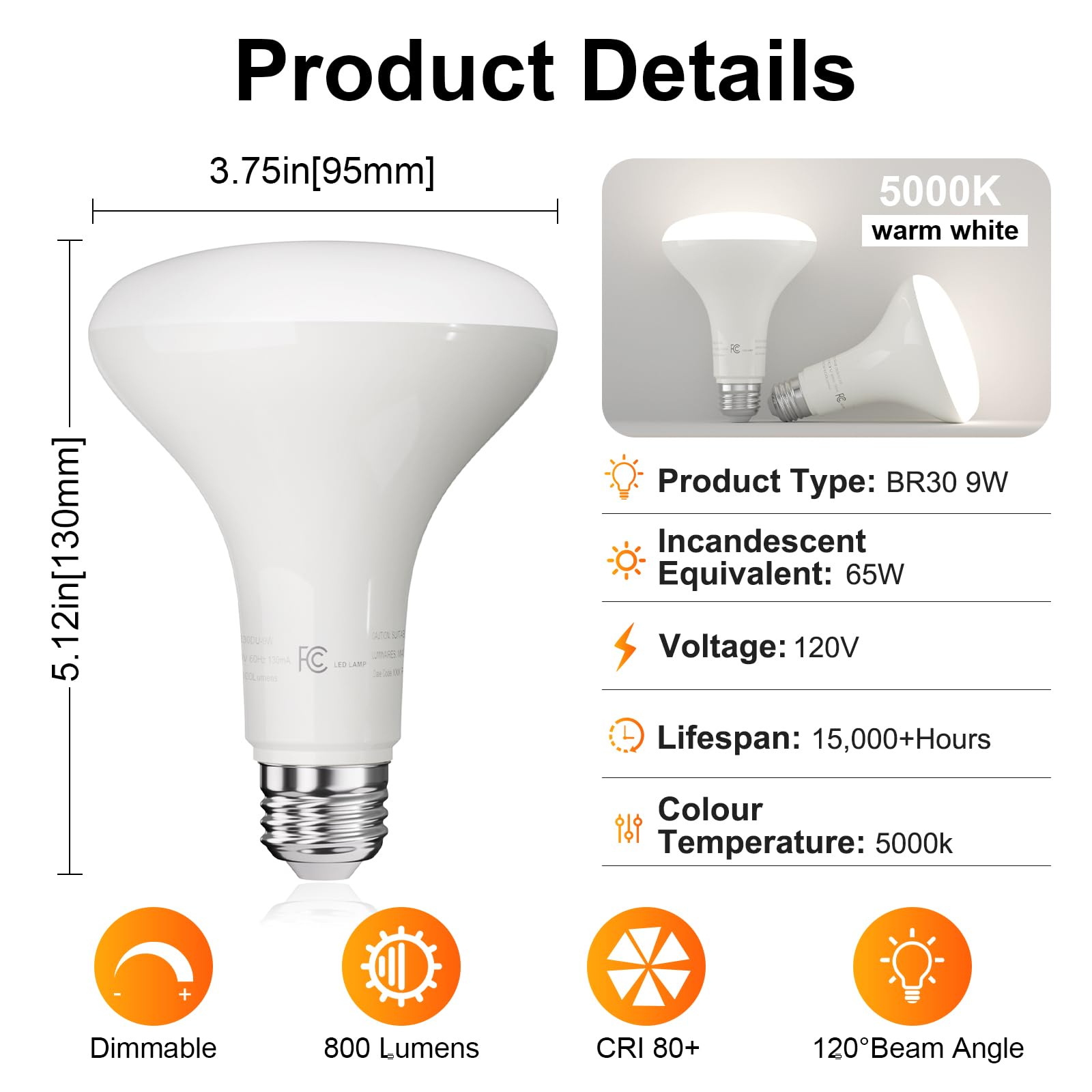 Tjoy 12 Pack Br30 Led Bulb 65W Equivalent, Dimmable Flood Light Bulbs Indoor, E26 Base, 5000K Daylight, 9W, 800 Lm, Recessed Lighting Bulbs For Ceiling, Recessed Can, Living Room And Kitchen