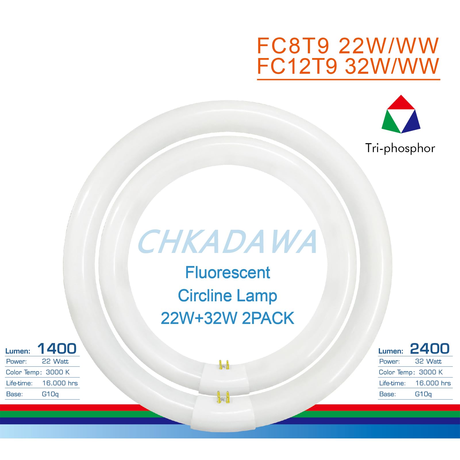 CHKADAWA Round Fluorescent Light Bulbs Set, 22W & 32W Warm White, G10q Prong, 3000K, Ideal for Kitchen & Bath Lighting