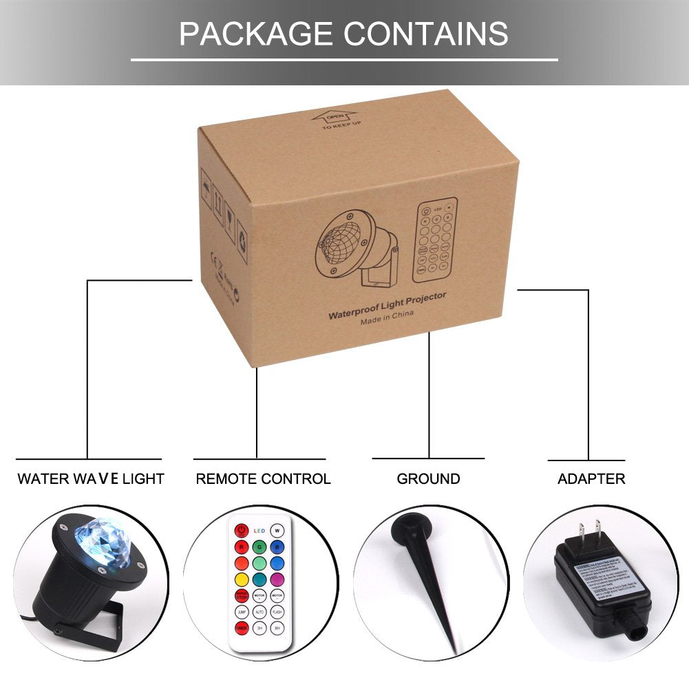 KOOT Outdoor Water Wave Lights Projector, 10 Color LED, Waterproof, Remote Control, Black, Model CPD-SW for Garden, Wedding, Holiday