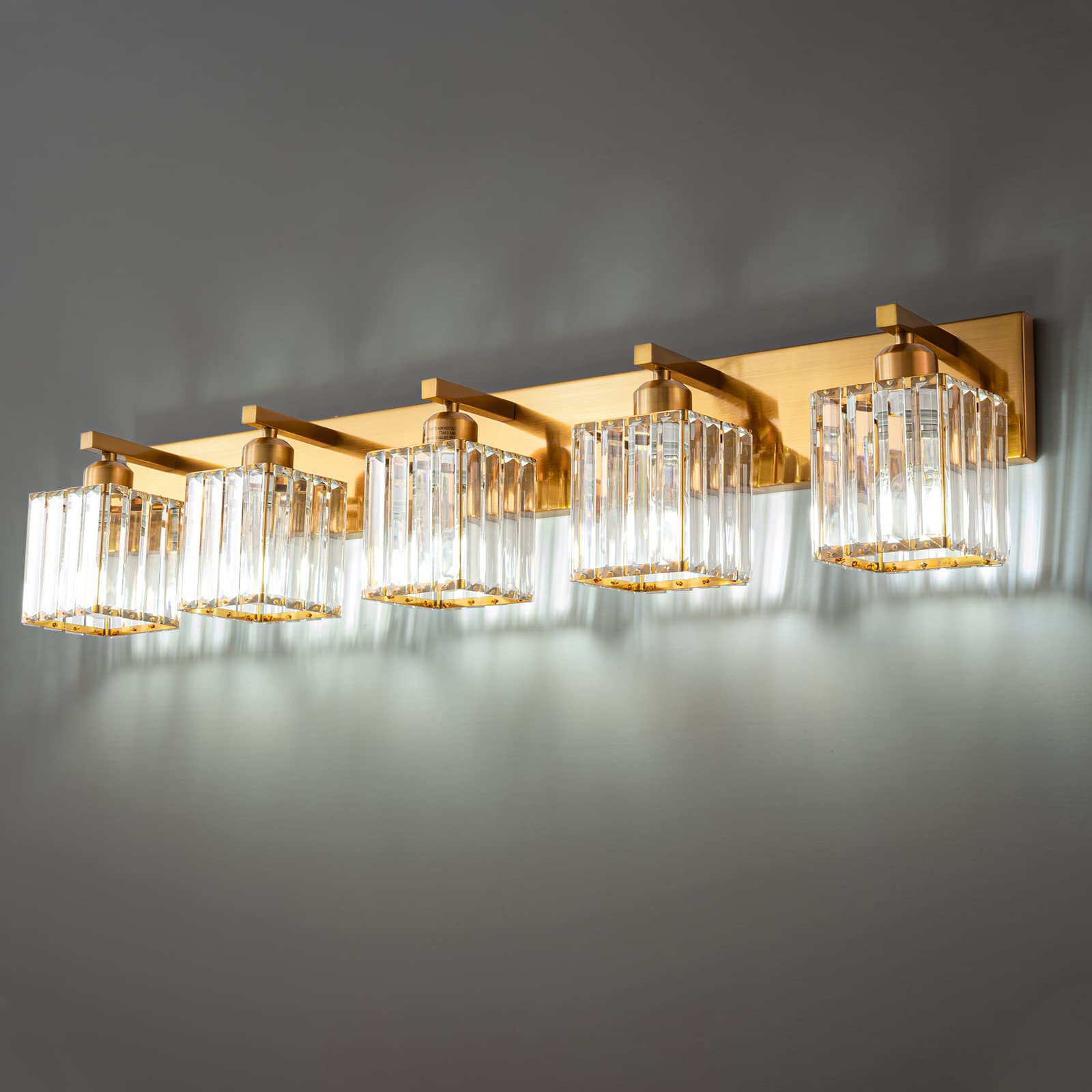FDPBY Modern Wall Light, 5-Light Crystal Vanity Fixture, Gold Brushed Brass Finish, Model JW-002