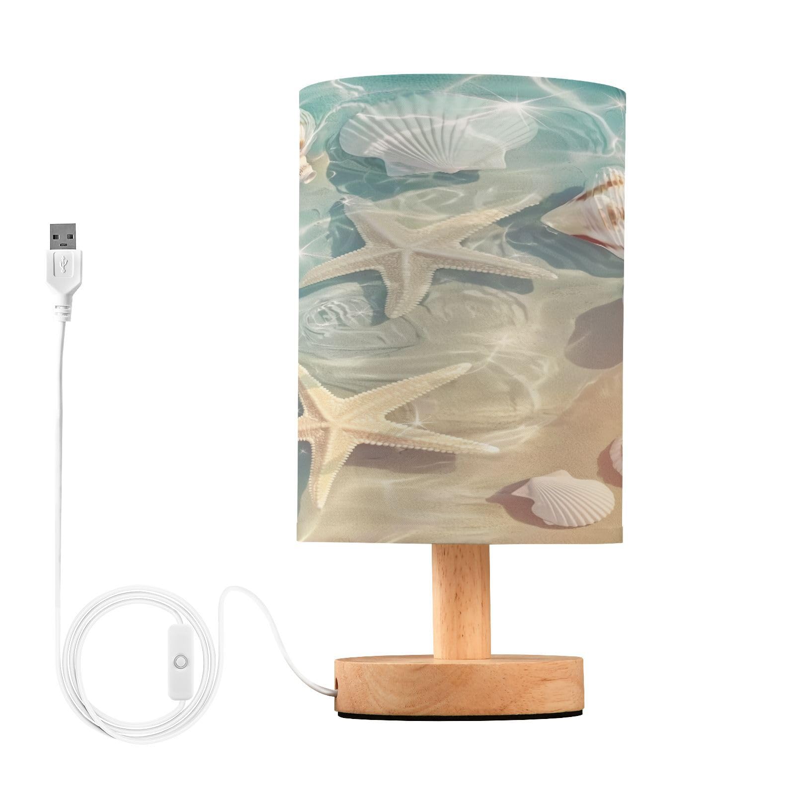 Coikll Beach Seashell Pattern Table Lamp Bedside with USB Ports Nightstand Lamps with Fabric Lampshade for Reading, Bedroom, Liv