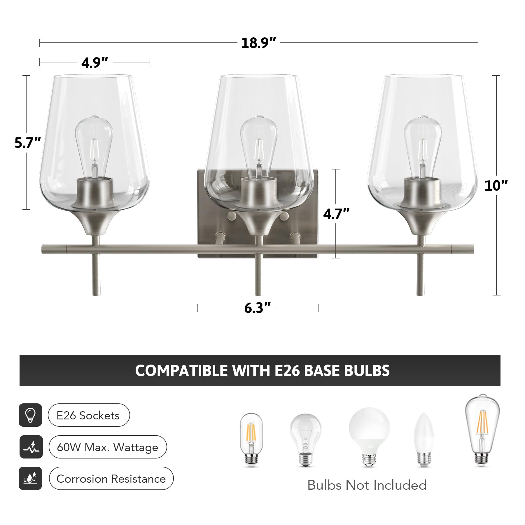VONLUCE Bathroom Vanity Light Fixture, 3-Light, Modern Brushed Nickel, Clear Glass, Model HCF2803NIVONLUCE