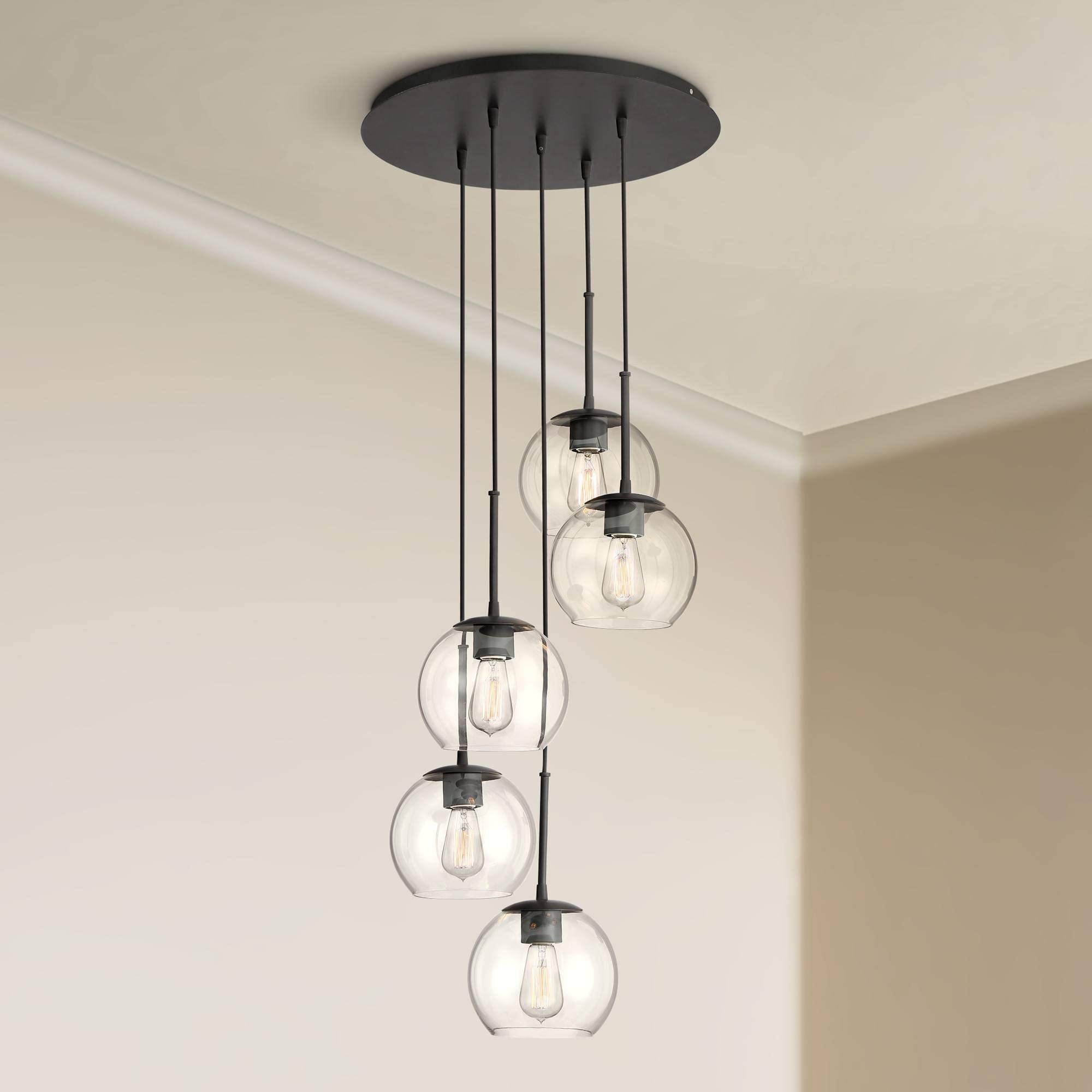 Possini Euro Design Black Pendant Chandelier Lighting 5-Light Modern Clear Glass 19.5in Fixture for Dining Room, Kitchen, Entryway