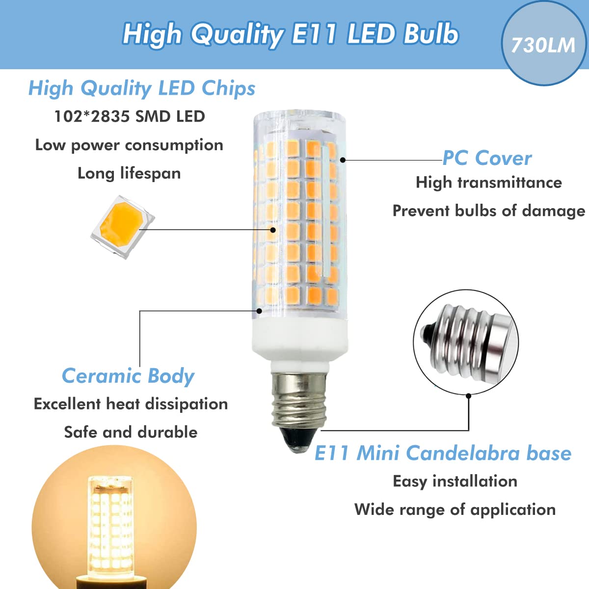 Zssxoled [Pack Of 5] E11 Led Bulb 7W Dimmable E11 Mini Candelabra Base 75W Halogen Equivalent, T3/T4 Jd E11 Led Light Bulb For C