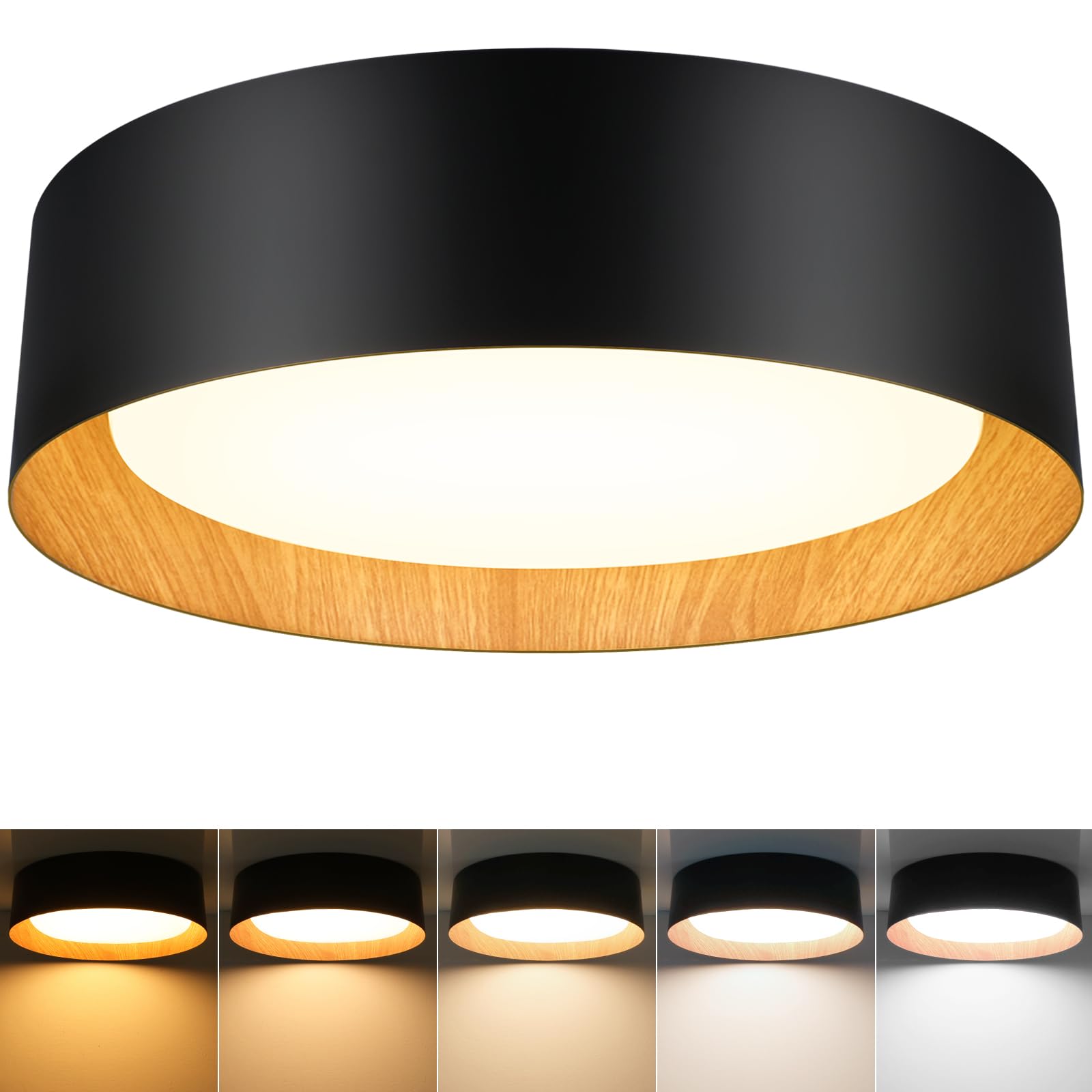 BrightHome Flush Mount Ceiling Light, 13in, 25W LED, Dimmable, Wood Accent, Model BLCL401325WAC-5CCT