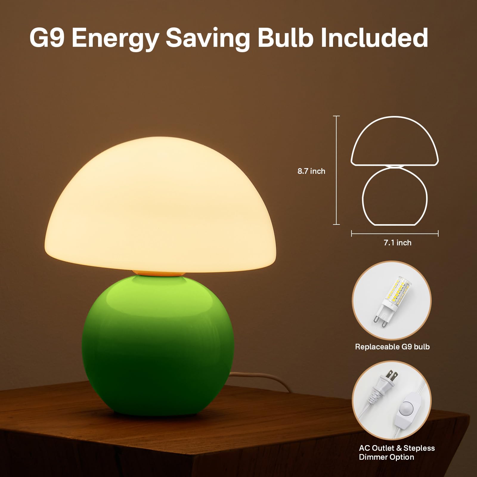Dawnwake Mushroom Table Lamp, Small Glass Lamp for Bedroom & Living Room, Green, Model TD3003