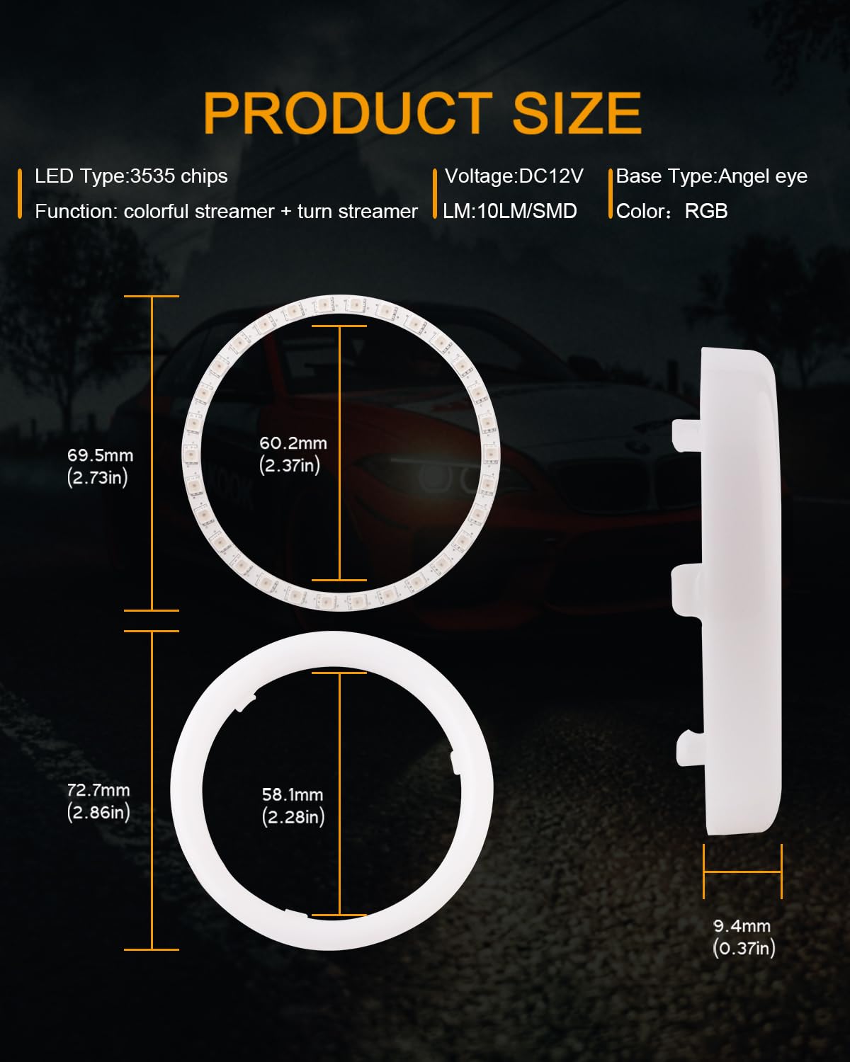 Qasim Angel Eyes Halo Rings LED Lights 12V RGB 100MM Multicolor Cotton for Car Scooter Motorcycle DRL with Bluetooth Control 2-Pack