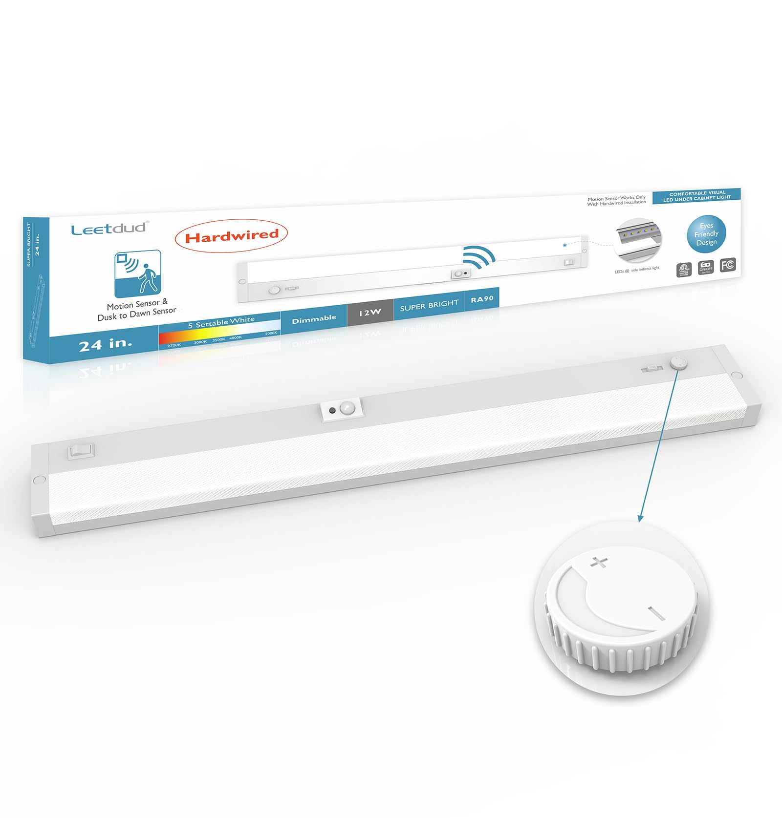 Leetdud LED Under Cabinet Lighting Motion Sensored Hardwired with Built-in Dimmer, 24 Inch 12W Dimmable 5 Color 2700/3000/3500/4