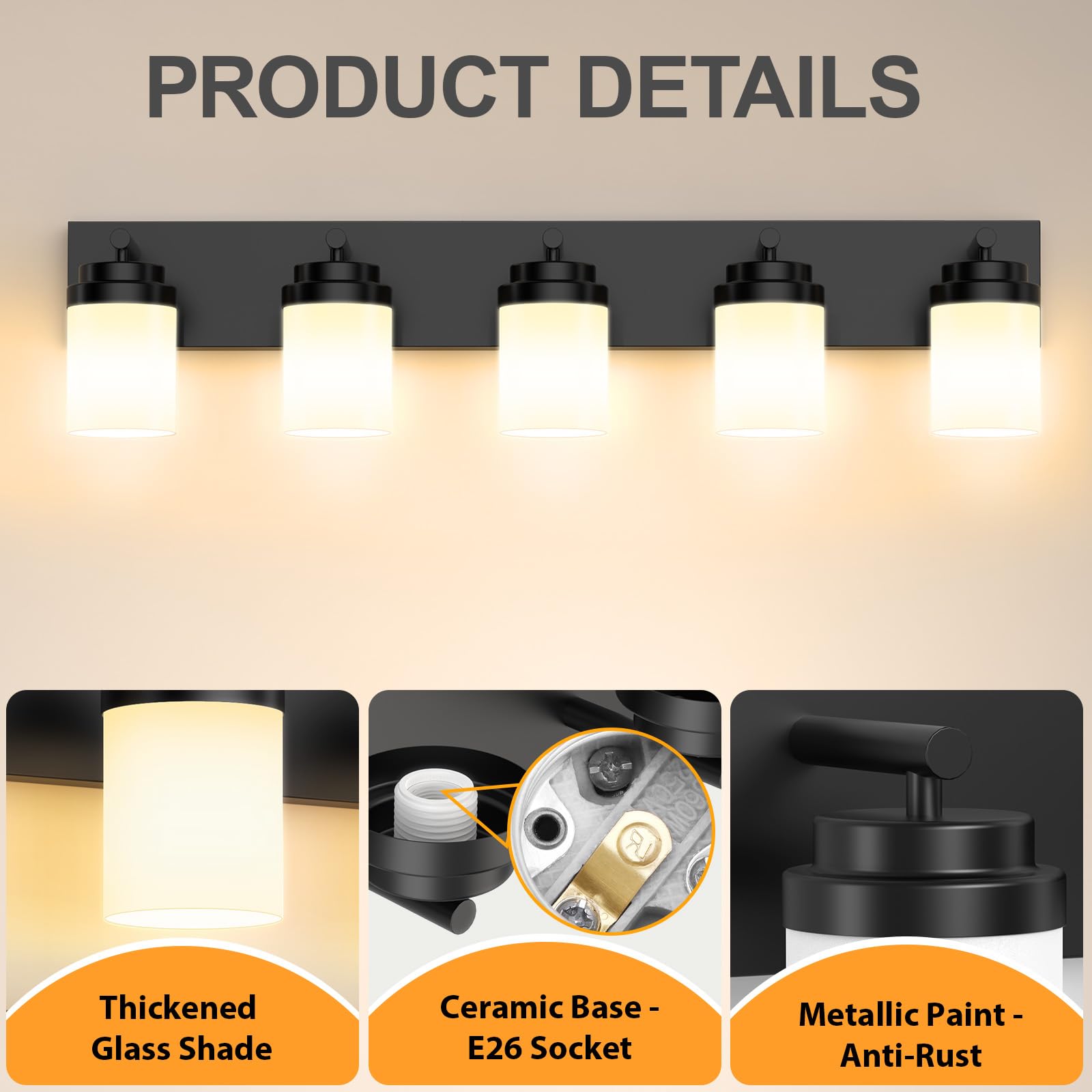 Izorro Bathroom Vanity Light Fixture  5-Light 36 Inch Matte Black Bathroom Light Fixtures Over Mirror  With White Glass Shade  Modern Farmhouse Vanity Lights  Rustic Restroom Lighting Fixtures