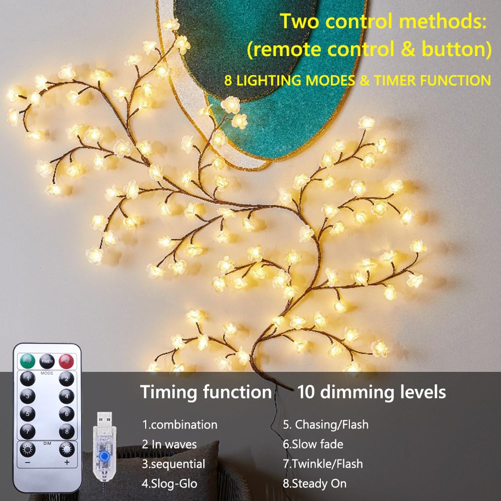 White Cherry Blossom Lights For Wall 3.94 Ft 48Leds Tree Branch Lights With Remote And 8 Lighting Modes Cherry Blossom Garland Vine Light For Bedroom Indoor Wall Wedding Christmas Decor
