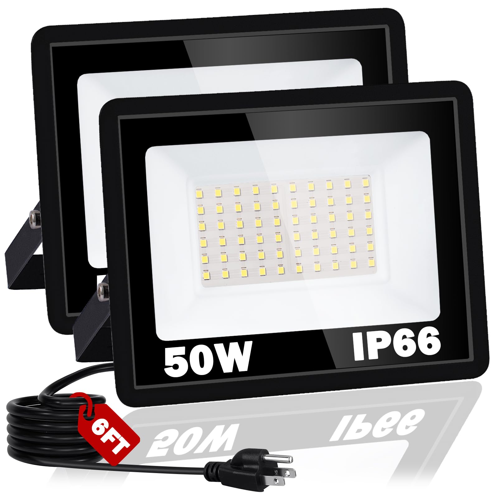 NEWREACH 50W 2 Pack LED Flood Light Outdoor  IP66 Waterproof 5000K Daylight White 6000LM Super Brighter Work Light with 6ft Cord and Plug  Exterior Floodlight Security Lights for Yard Garage Garden
