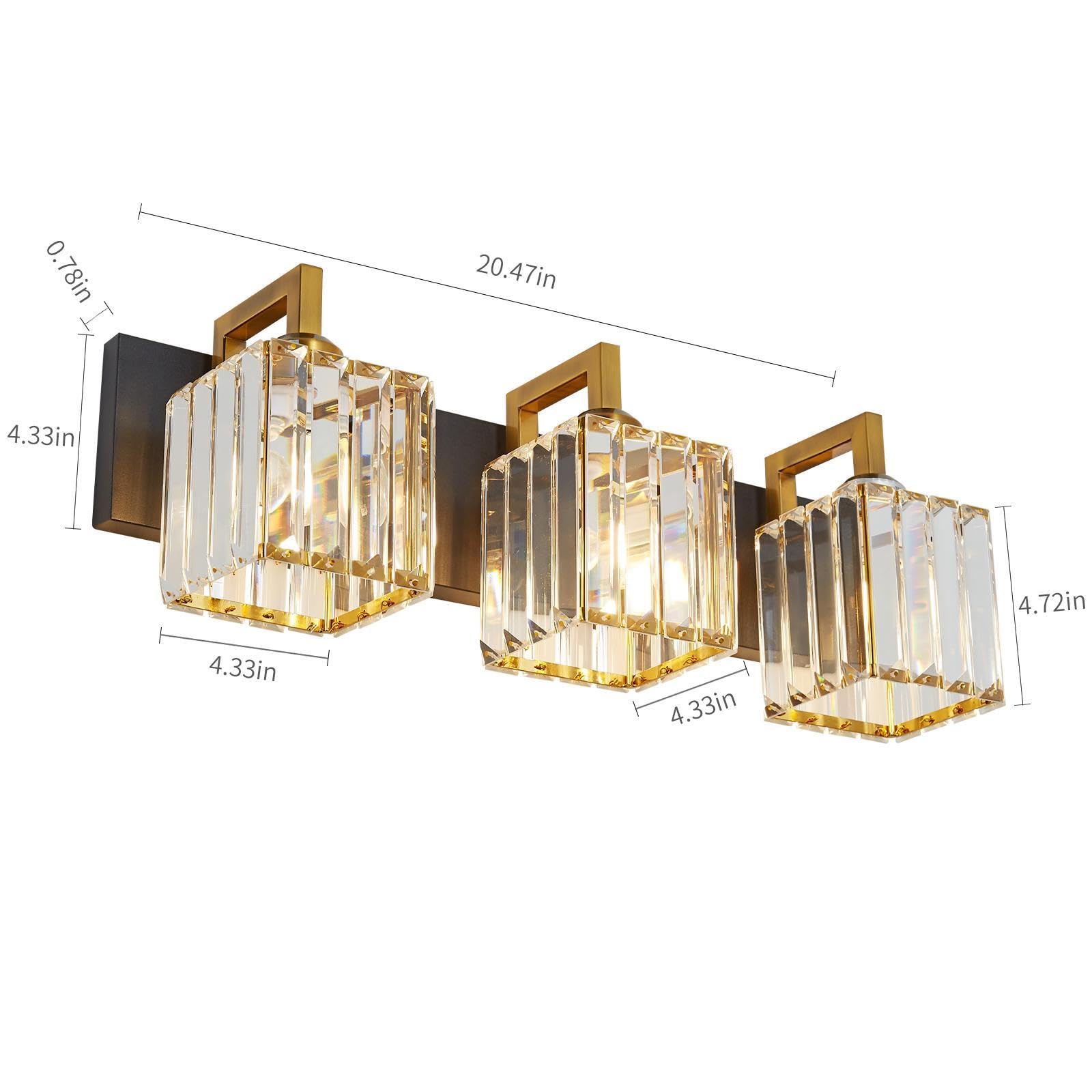 Fdpby Modern Bathroom Vanity Light 3-Lights Black Gold Crystal Wall Lamp Bathroom Modern Crystal Vanity Lighting