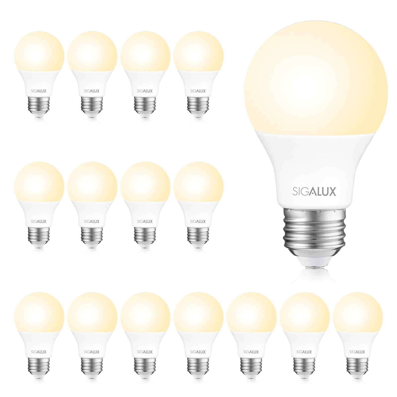 Sigalux A19 LED Light Bulb 9.5W 60W Equivalent Soft White 2700K 800LM E26 Medium Base UL Listed 16 Pack