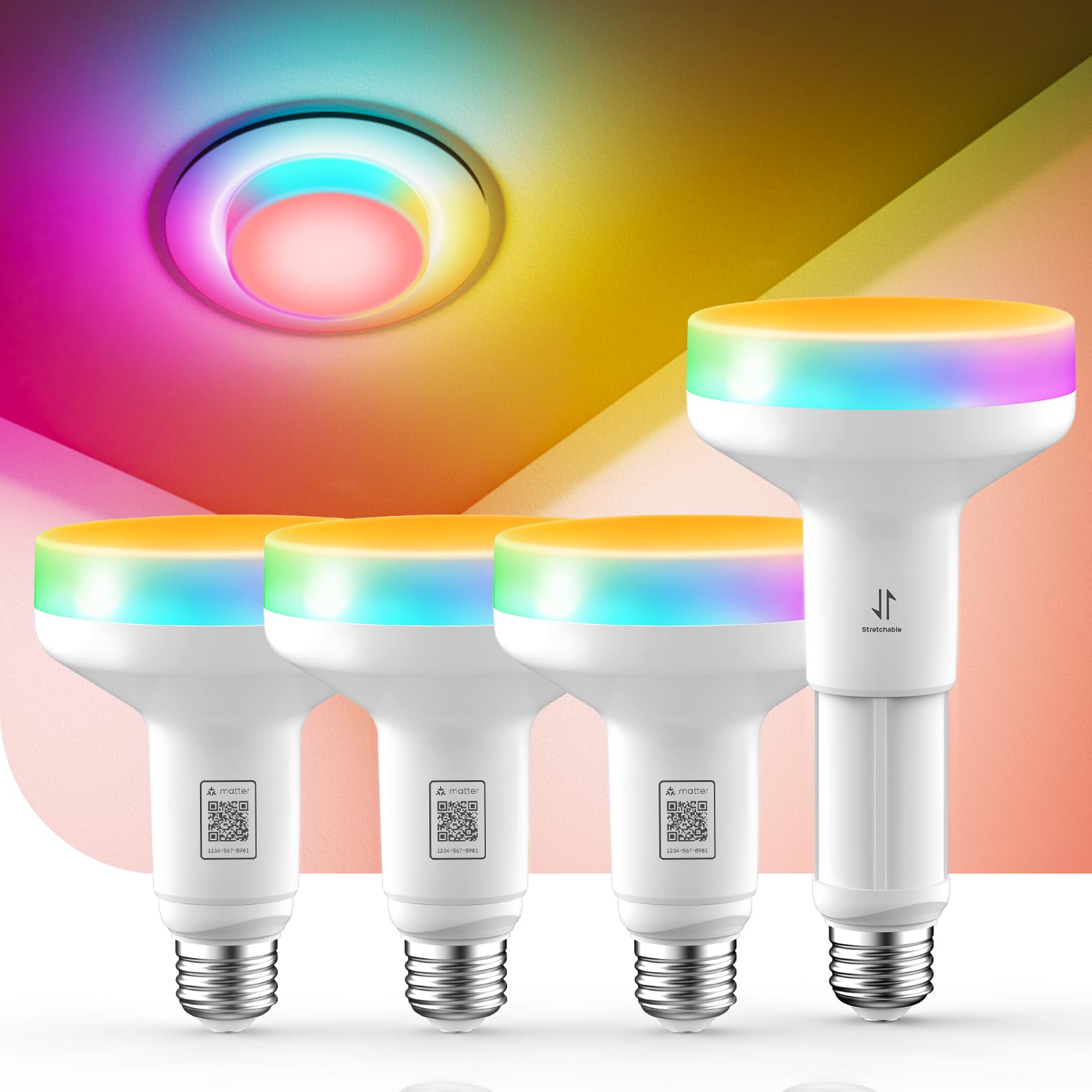 Linkind Matter BR30 Smart Light Bulbs with Stretchable Design & 4-Zone Aurascape Color, 850LM Recessed Smart Flood Light Bulb, W