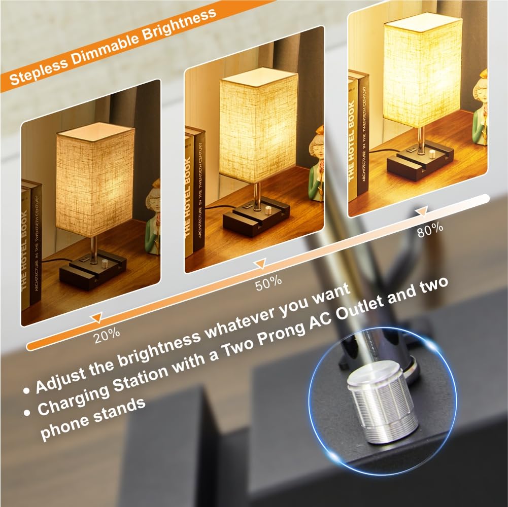 Lifeholder Bedside Lamp, Usb & Type-C Ports, Iron Material, Touch Linen Fabric, Model Lh-T23-F, Warm White Bulb Included