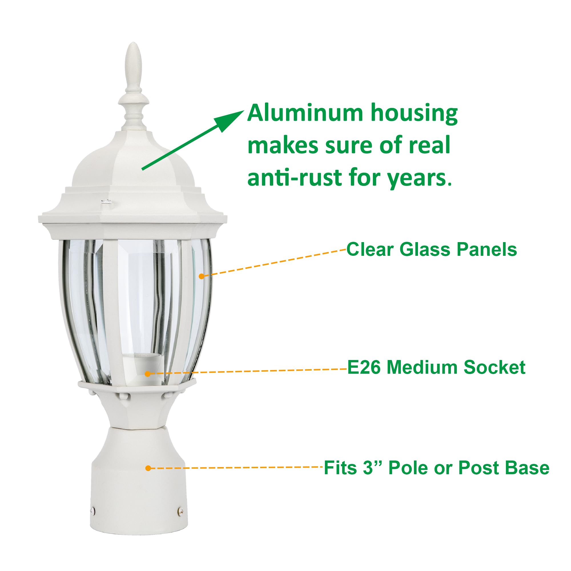 LIT-PaTH Outdoor Post Light Lantern Fixture, Aluminum, E26 Base Max 60W, Matte White Finish, Model LT-PL001, 1-Pack