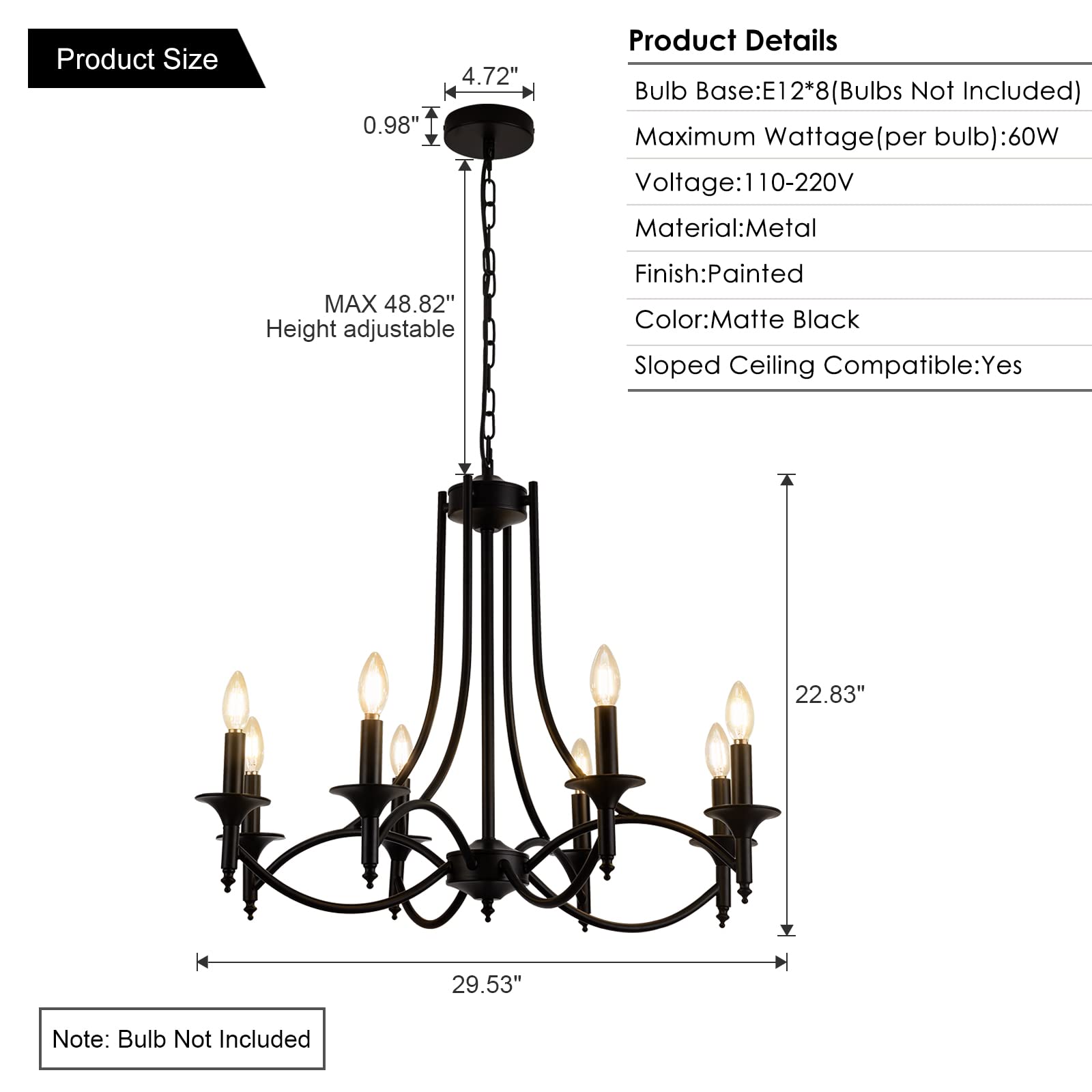 Pretoy Industrial Candle Chandelier 8-Light Black Iron Pendant Fixture for Dining Room, Living Room, Bedroom, Kitchen Island, Foyer