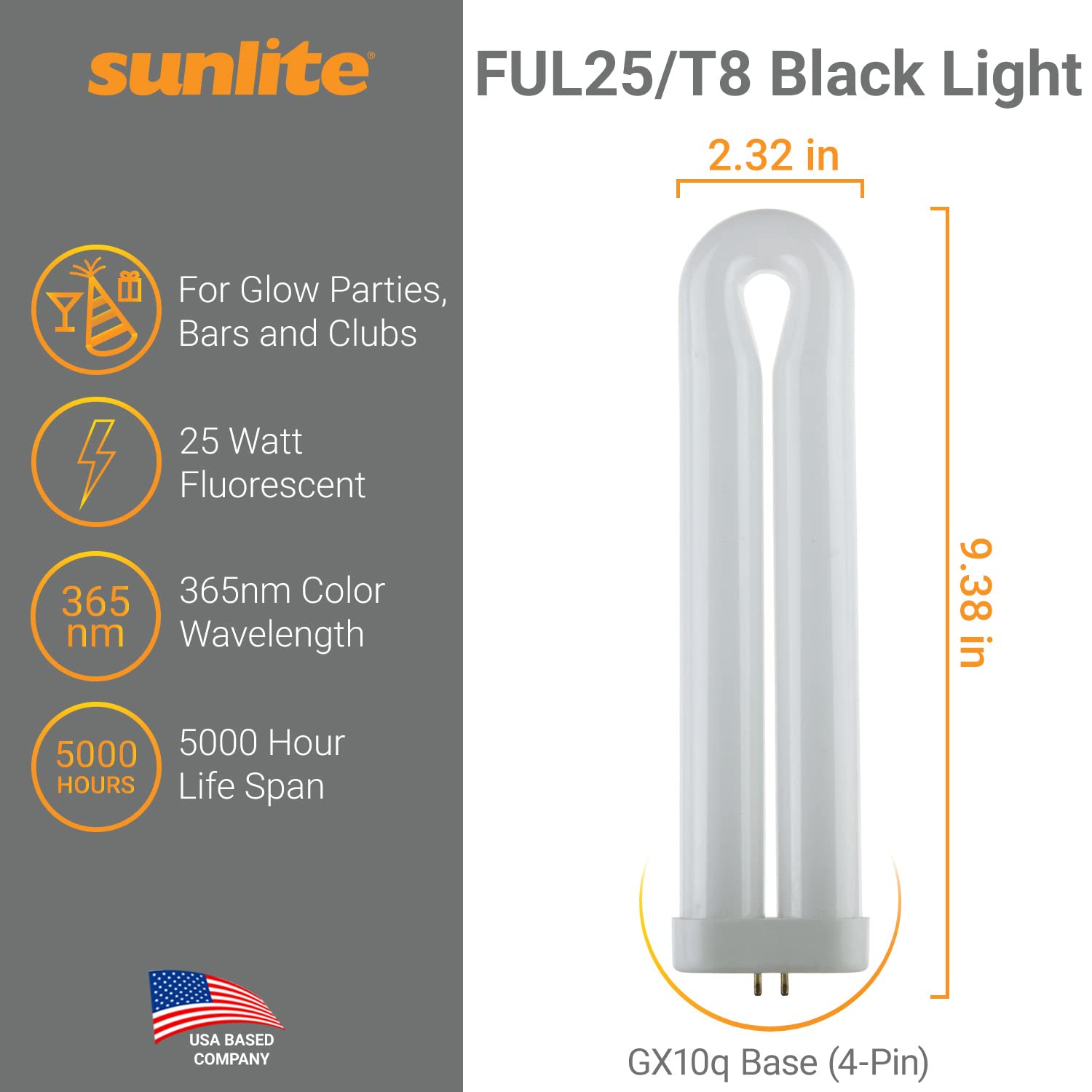 Sunlite T8 Fluorescent U-Shaped Light Bulb, 25W, GX10q 4-Pin, Blacklight, 5 Count, 5,000 Hour Life Span