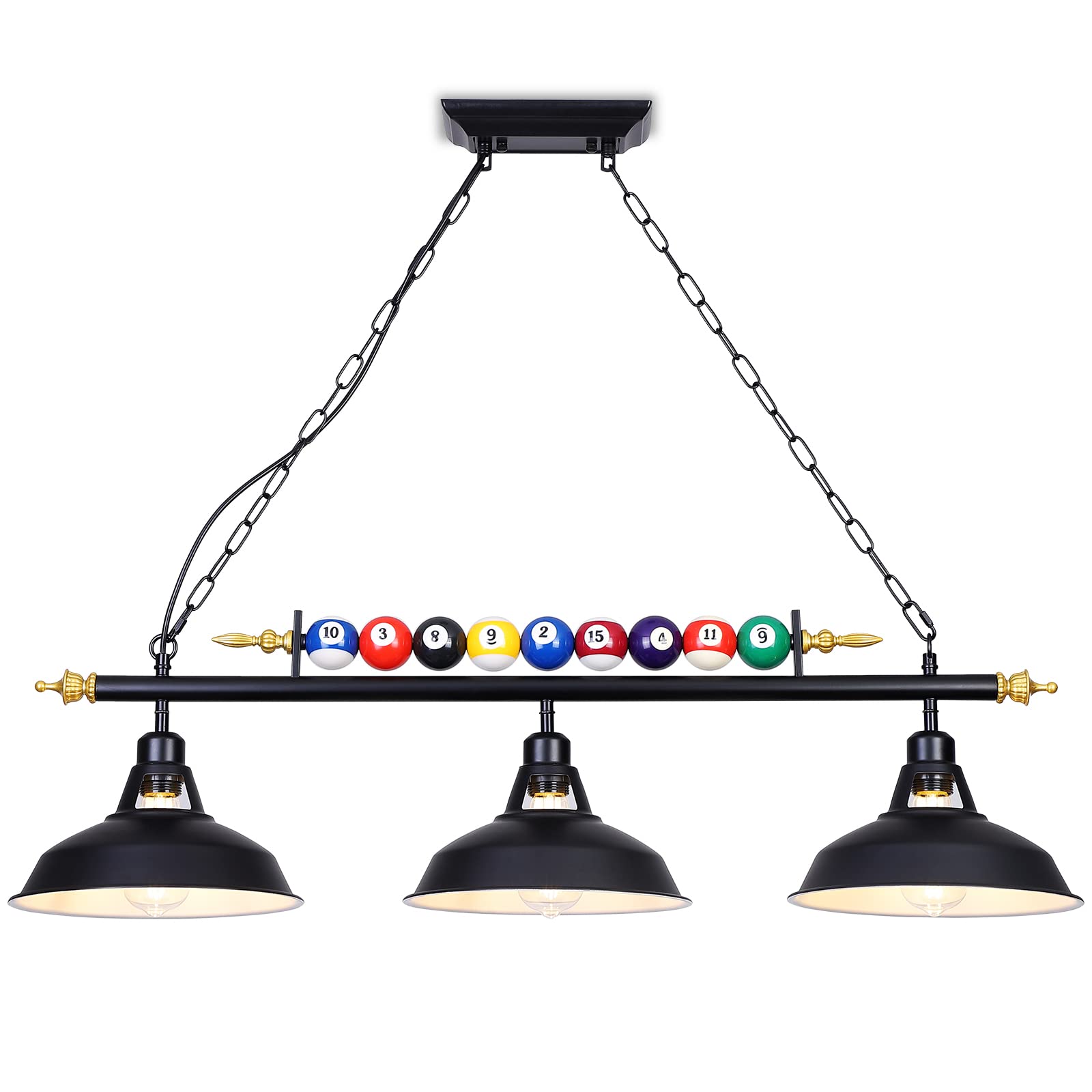 Mcacggo 3-Light Billiard Pool Table Lights Hanging Over Pool Table, Black Matte Metal Shades With Billiard Ball Decor, For Billi