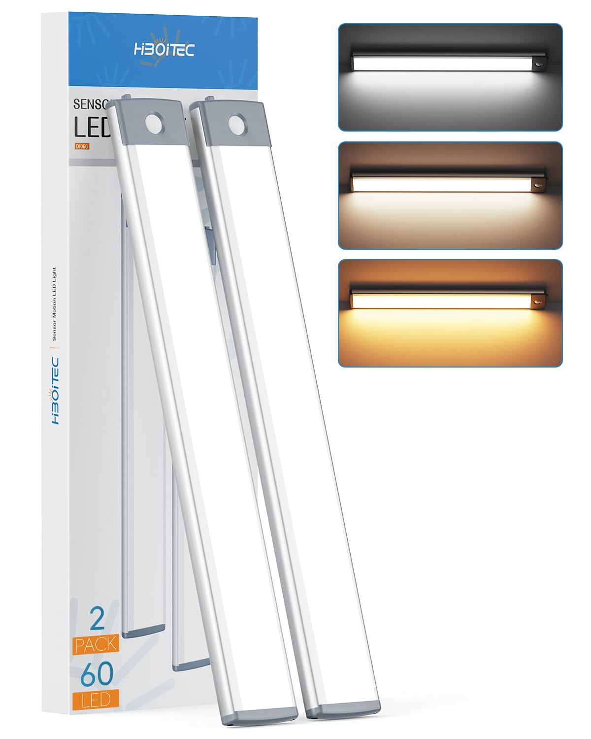 Hiboitec 60 Led Under Cabinet Lighting, 2 Pack, Motion Sensor, Rechargeable, Stepless Dimming