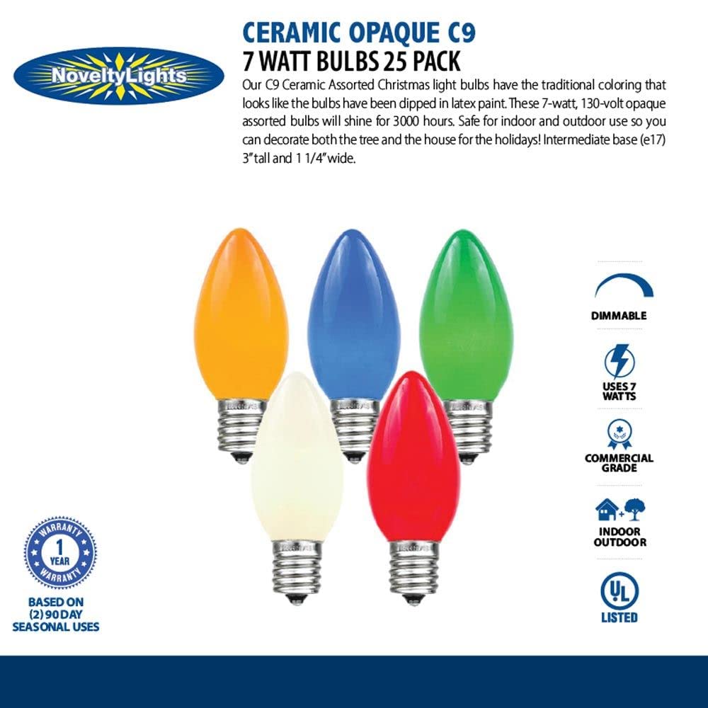 Novelty Lights 25 Pack C9 Ceramic Outdoor Christmas Replacement Bulbs, Green, E17/C9 Intermediate Base, 7 Watt