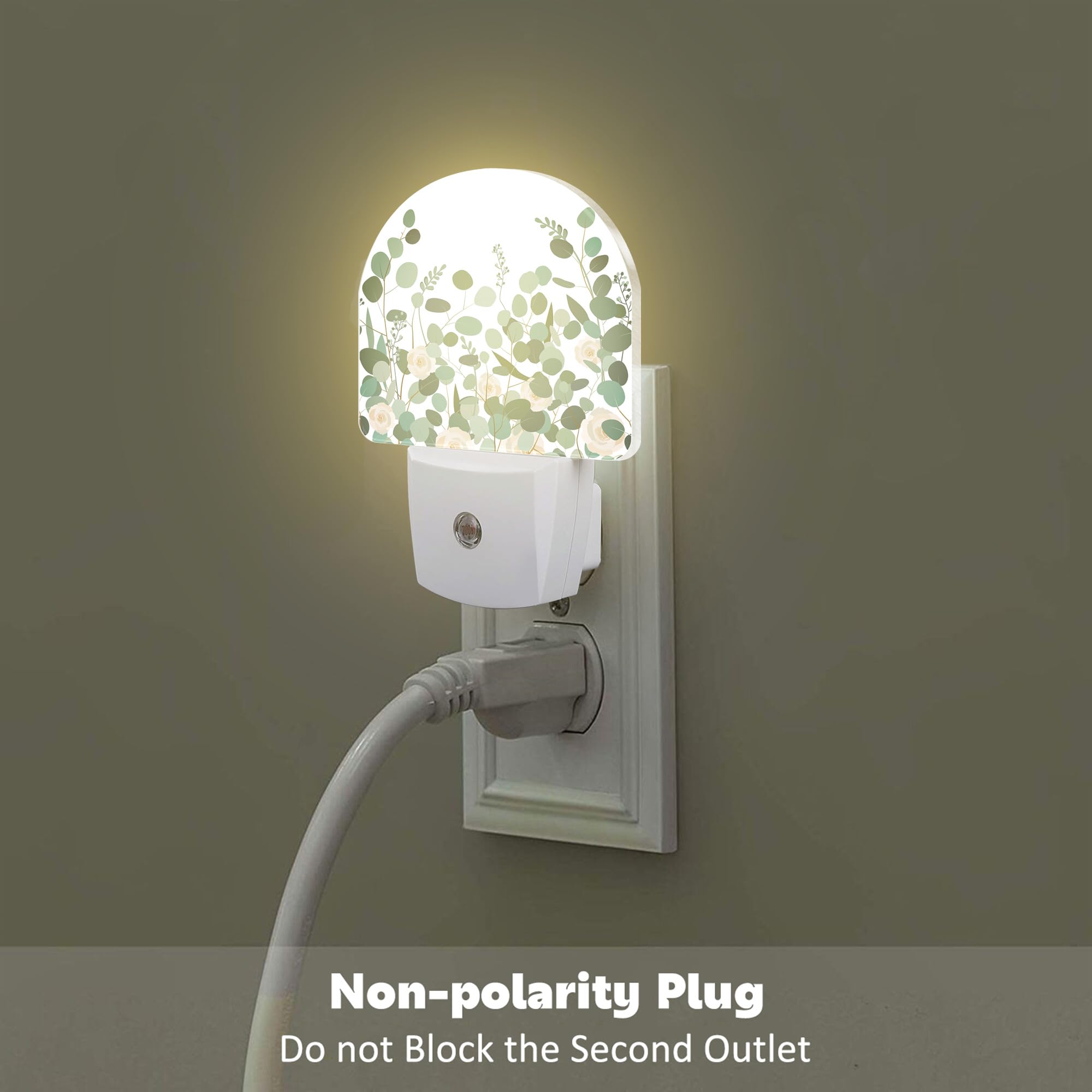 Green Eucalyptus And Rose Flowers Night Light For Kids,Watercolor Botanical Floral Leaves Night Light Plug In With Dusk To Dawn