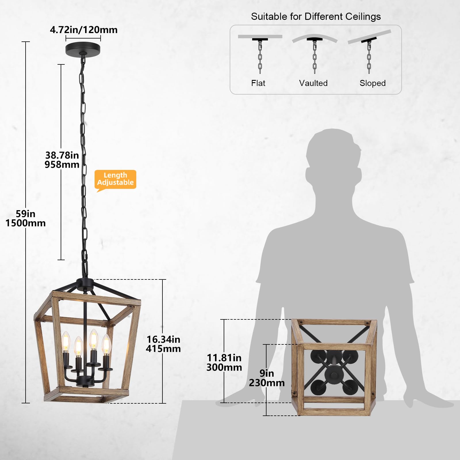 Seaside Village 4-Light Rustic Chandelier, Brown Metal Cage Lantern, Adjustable Chain, E12 Base, Model 76189 for Entryway & Kitchen