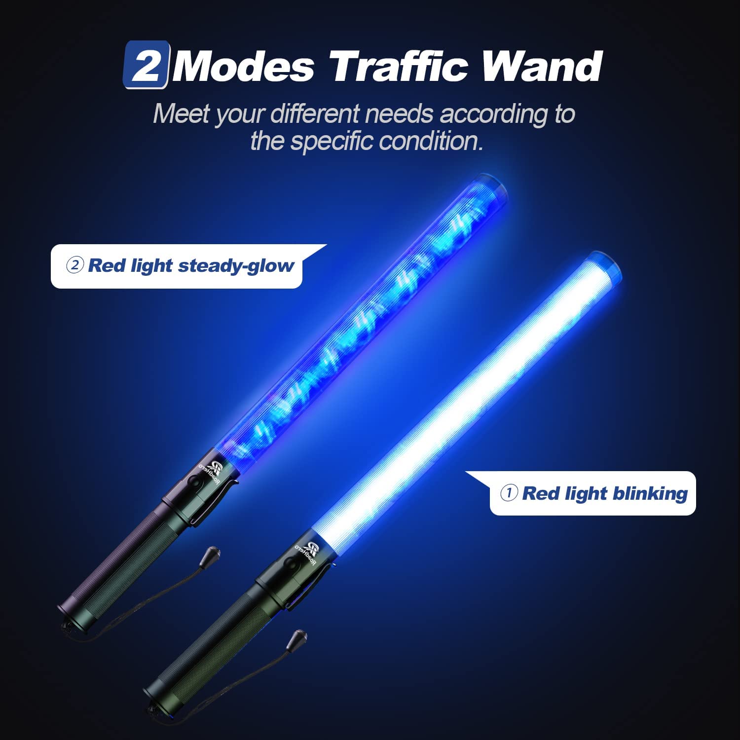 RoadHero 21 Blue LED Traffic Wands - 2 Pack, Night Safety Light Batons with 2 Flashing Modes, Ideal for Air Marshaling and Parking Control