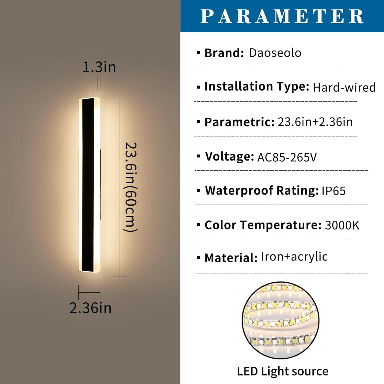 Daoseolo 2 Pack 23.6" Dimmable Outdoor LED Wall Sconce, IP65 Waterproof, Black Aluminium, Remote Control, Model TC-FTBD-TG-60-2