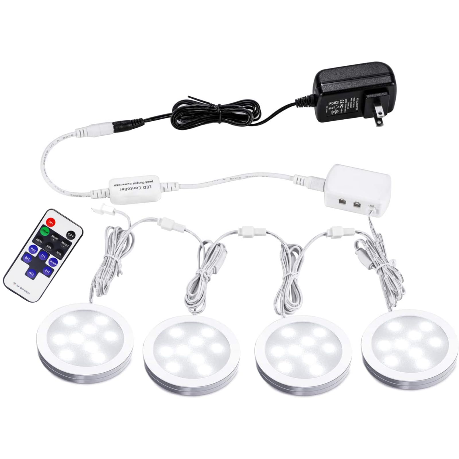 AIBOO Linkable LED Under Cabinet Lights, Dimmable Puck Lights with RF Remote Control, 12V, Aluminum, 6000K Daylight White, Model YK-300000