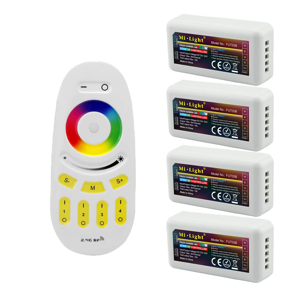 Mi Light Wireless 2.4G Rf Rgb + White/Warm White Controller Kit, 4 X Controllers And 4-Zone Remote, Wi-Fi Bridge Compatible, 4Ch