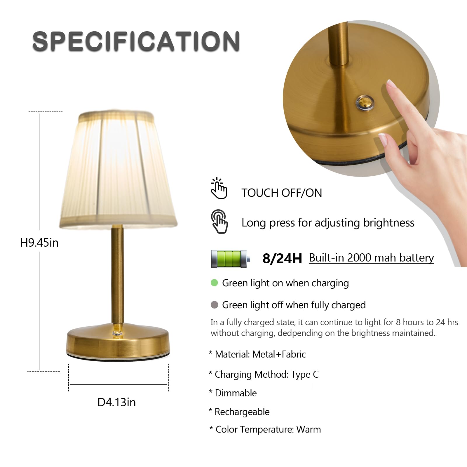 Eypid 3W Led Small Rechargeable Lamp,2000Mah Battery Operated Lamps,Vintage Brass Mini Lamps,2 Level Brightness Small Gold Cordl