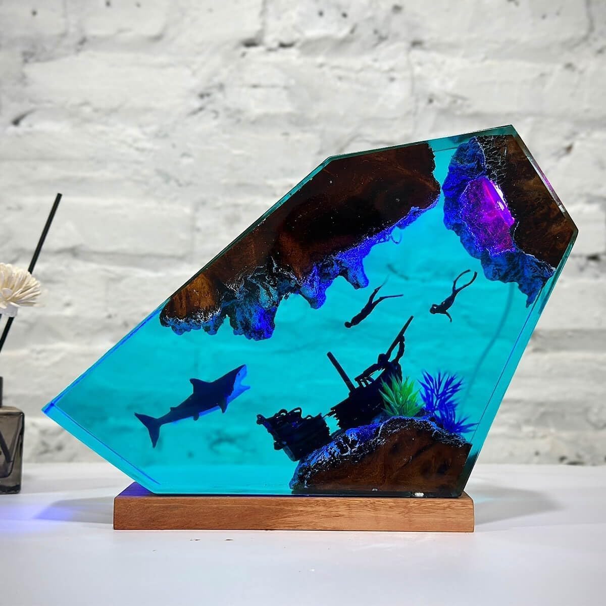 Shark Ocean Resin Lamp  Handmade Wooden Table Resin Night Light  Usb Port Art Ornaments For Home Office Decor  Scuba Diver Gifts For Birthday Holiday  ValentineS Day Gifts For Husband