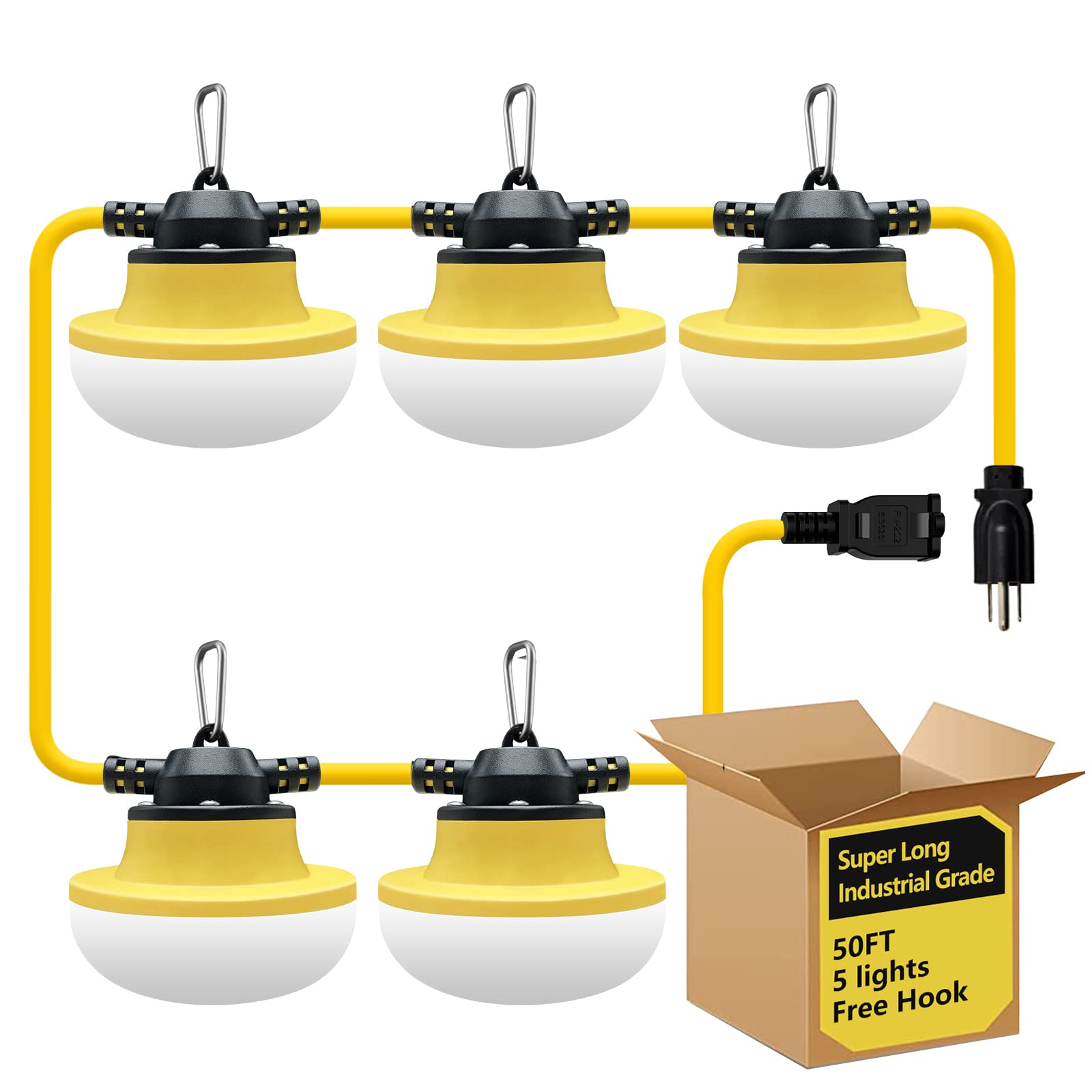Muasdae 50FT LED Construction String Lights, Yellow, Polyvinyl Chloride, 3 Prong, Ideal for Outdoor Lighting, Renovation, Walkways