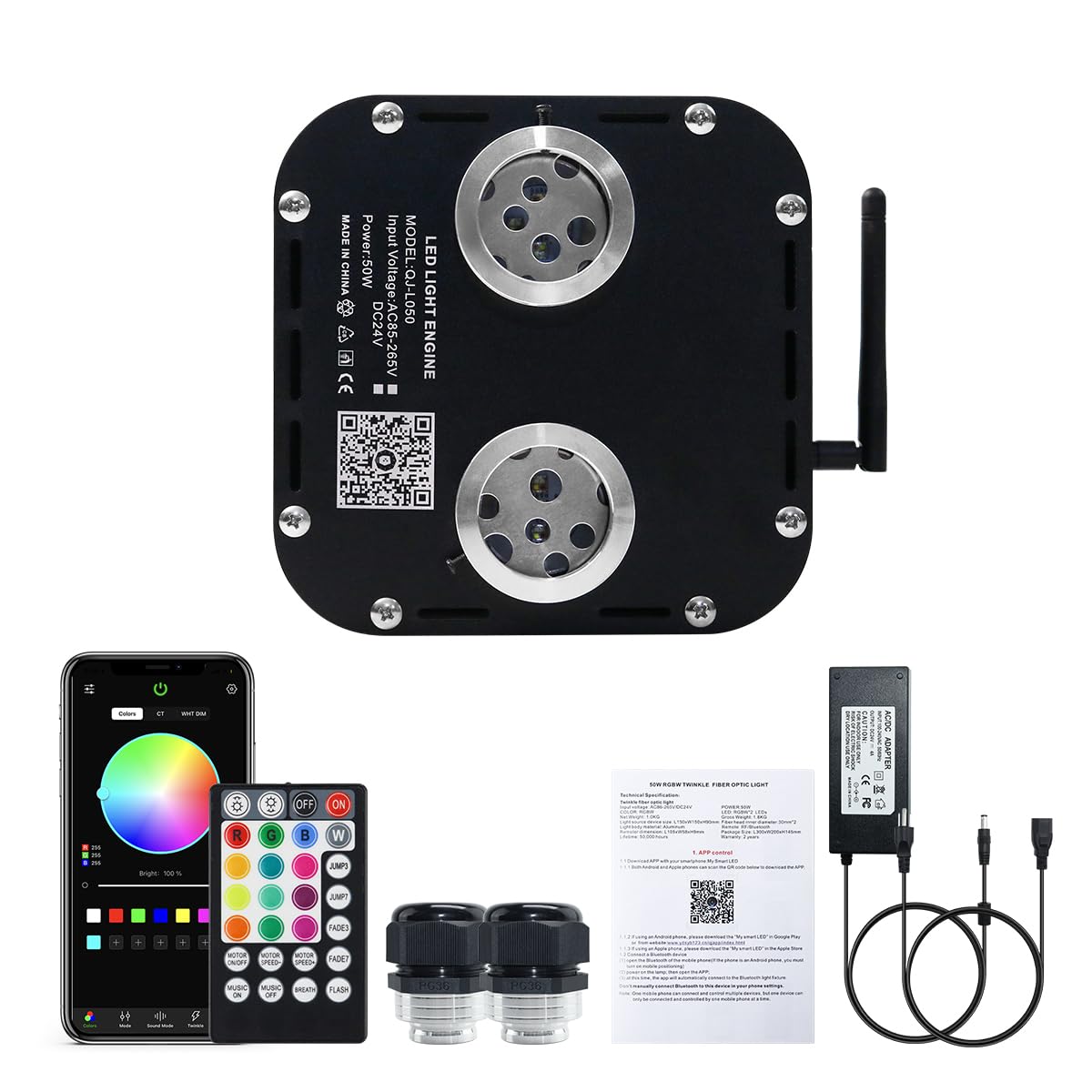 AKEPO 50W Dual-Head Fiber Optic Light Engine Replacement, RGBW, APP Control, Music Activated, Model QJ-L050, Multicolor