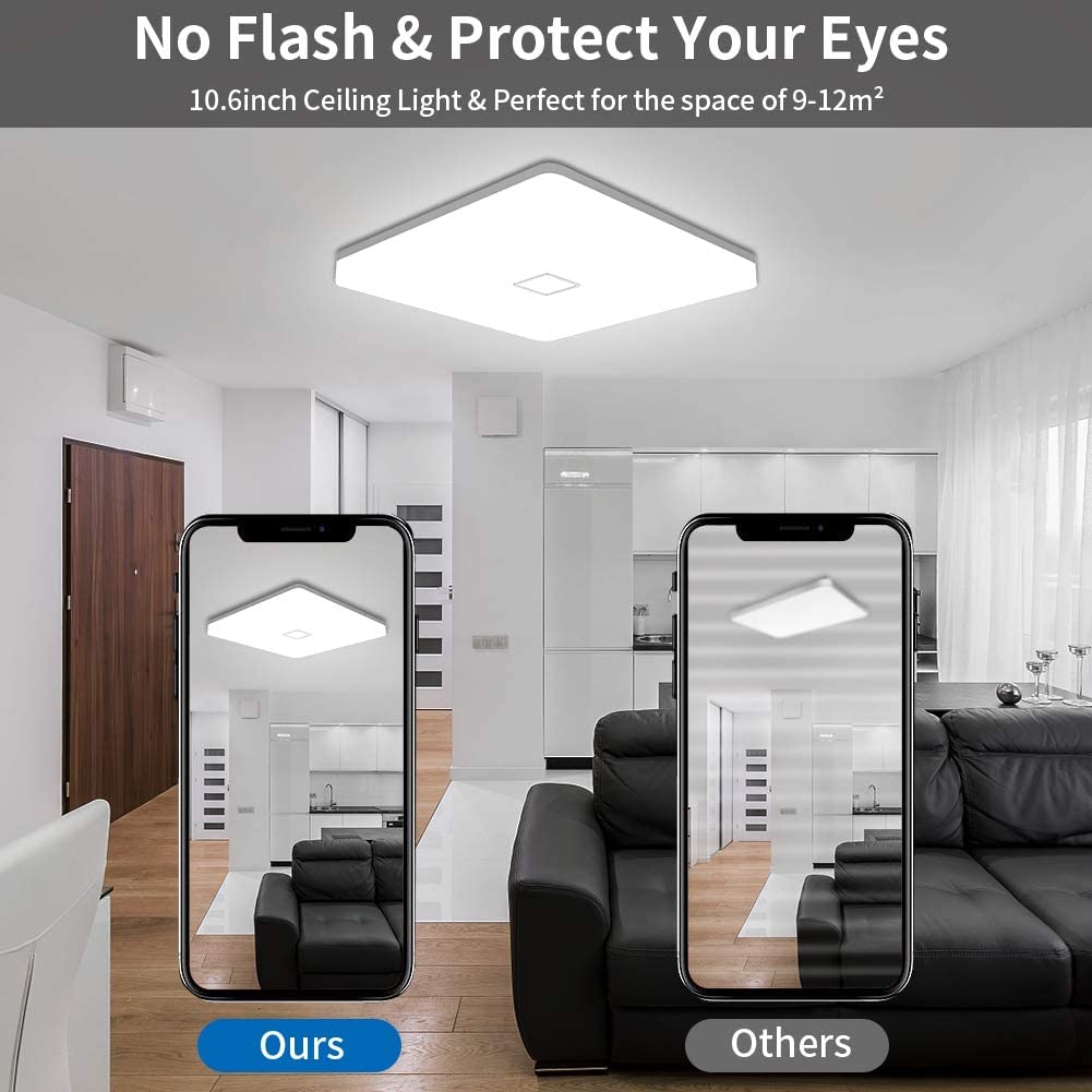 Airand Led Ceiling Light Fixture 18W, 10.6 Square, 5000K Daylight White, Plastic, 1800Lm, Model 18W-6300 For Home