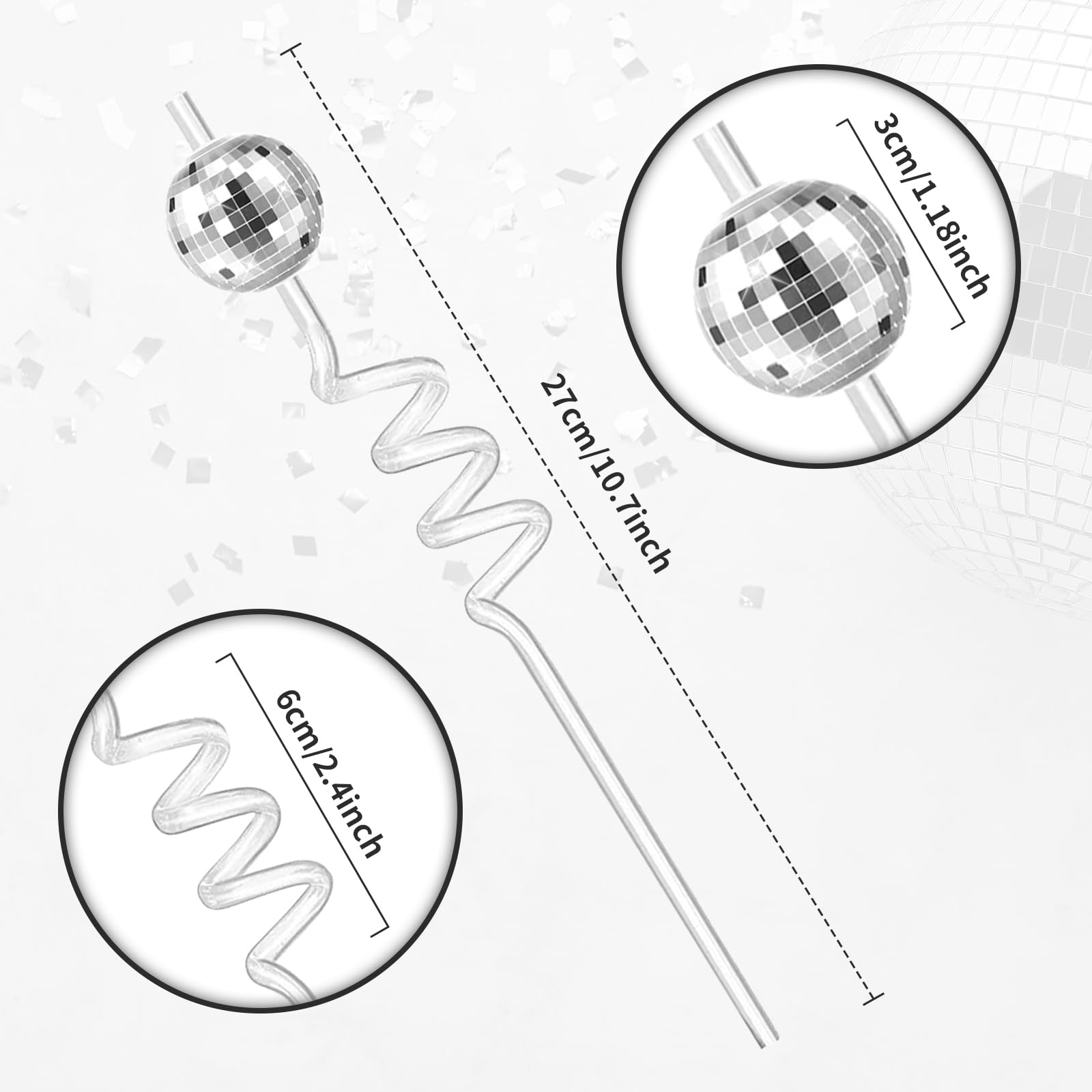 36 PCS Disco Ball Straws, Silver Mirror Ball Straws, Disco Reusable Plastic Straws, Mini Disco Straw Decor for 70s Disco Party D