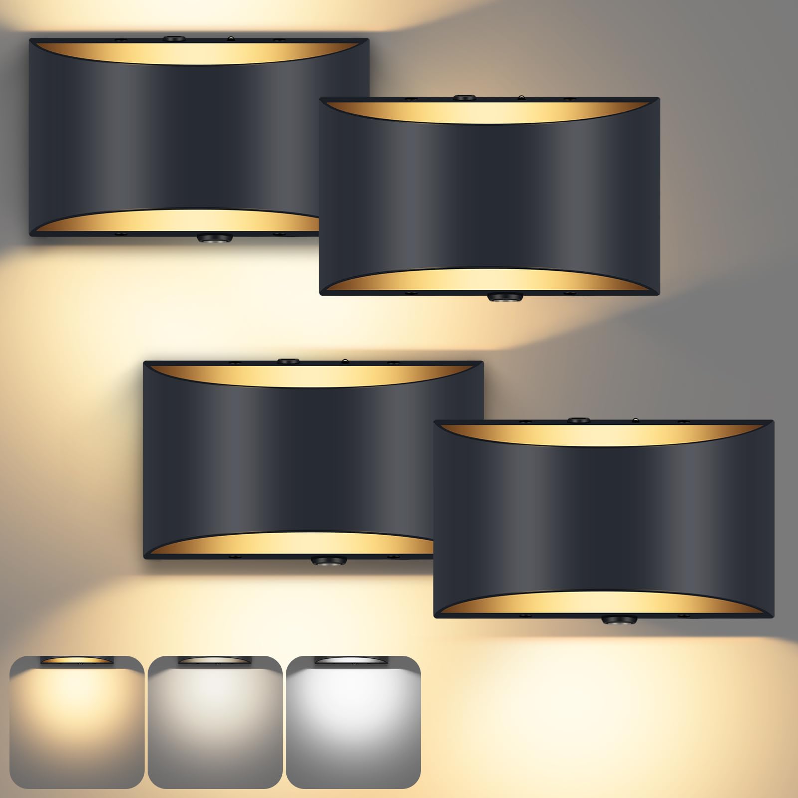 Aiilsmp Battery Operated Wall Sconces Set of 4, Black Rechargeable Wireless Remote & Touch Control Wall Lamps, 3 Color Temperatu