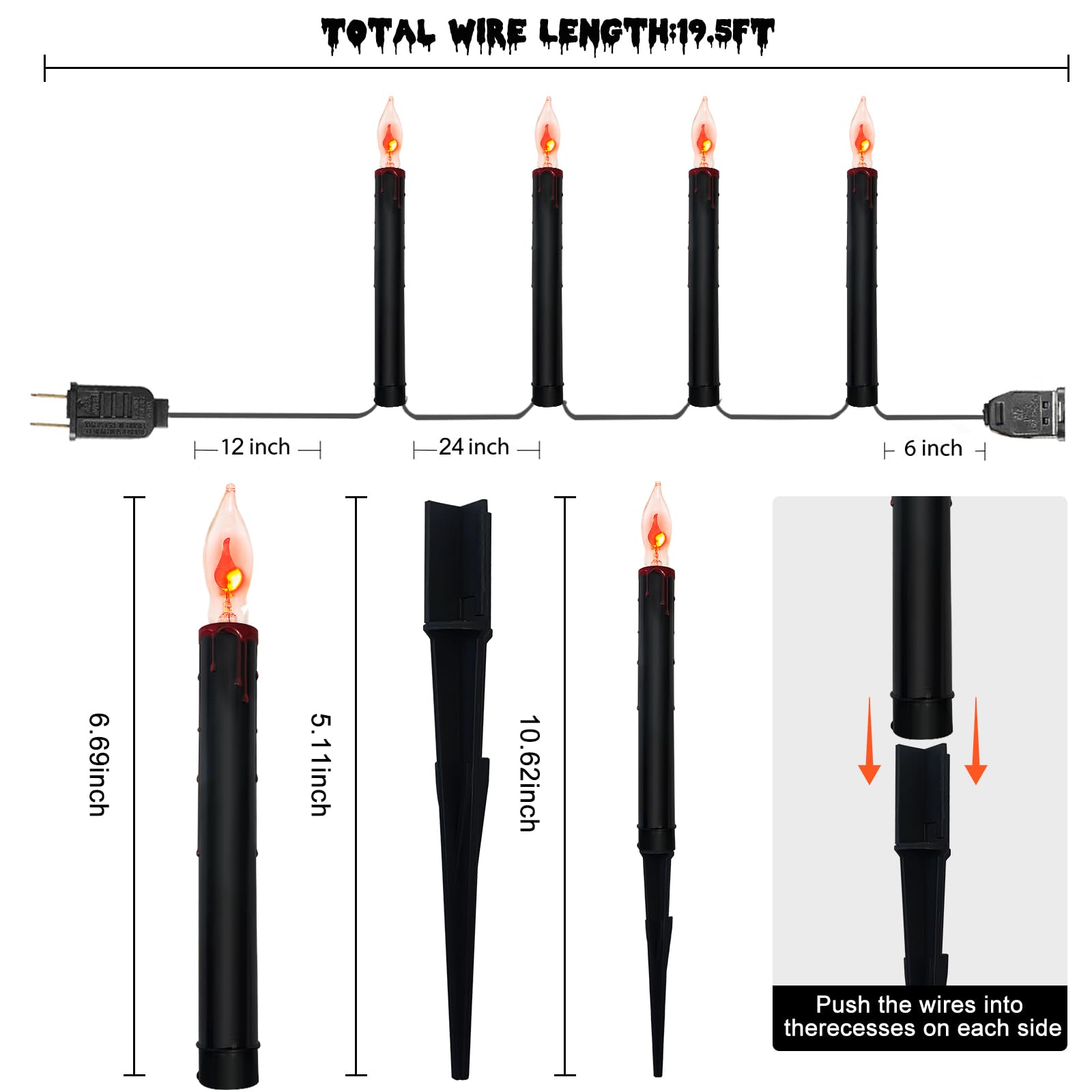 Halloween Pathway Lights Outdoor, 19.5Ft Halloween Pathway Marker String Lights With 10 C18 Flicker Flame Black Candles Stakes L